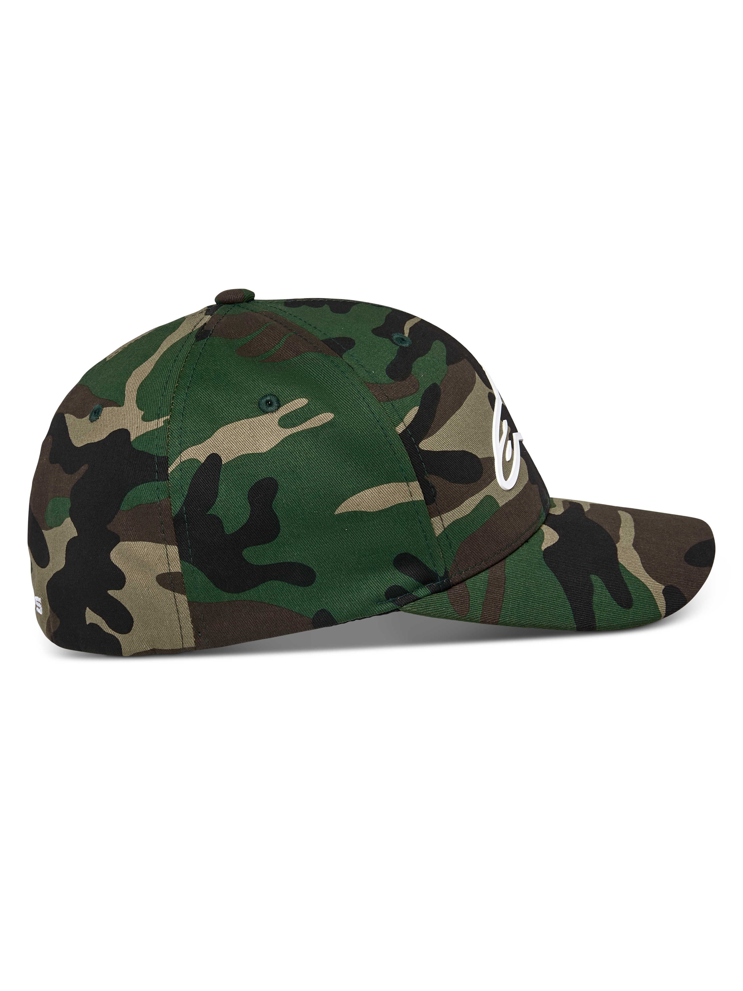 Alpinestars Ageless Multi kasket, grøn camouflage, set fra siden, buet skygge med struktureret krone, strækbar twill, hvidt 3D-printet Astars-logo på forsiden og fladt broderi på bagsiden, afslappet sportstøj