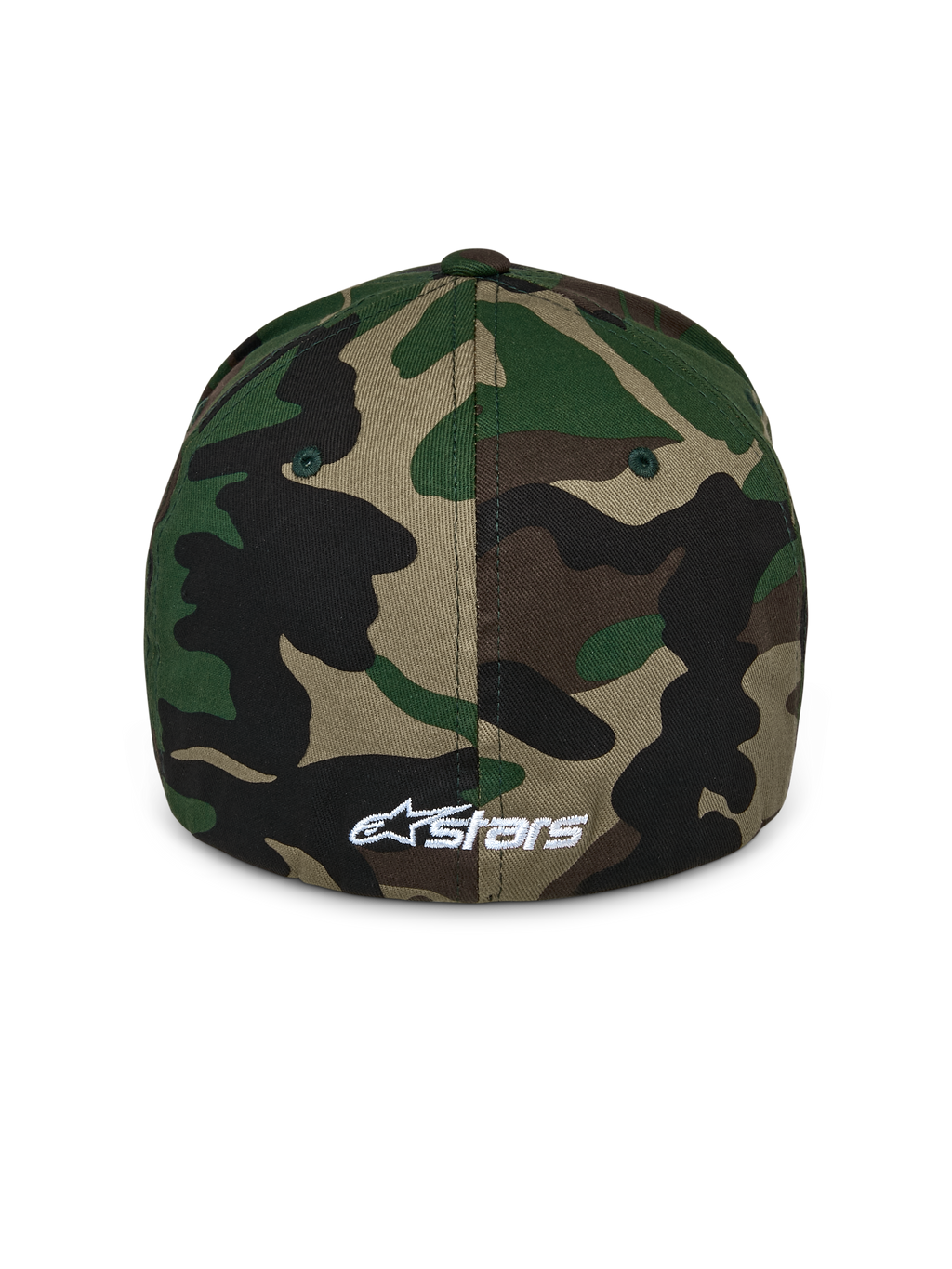 Alpinestars Ageless Multi Hat, baseballkasket i grøn camouflage, set bagfra med et lille hvidt broderet Astars-logo, struktureret krone og flex back-design