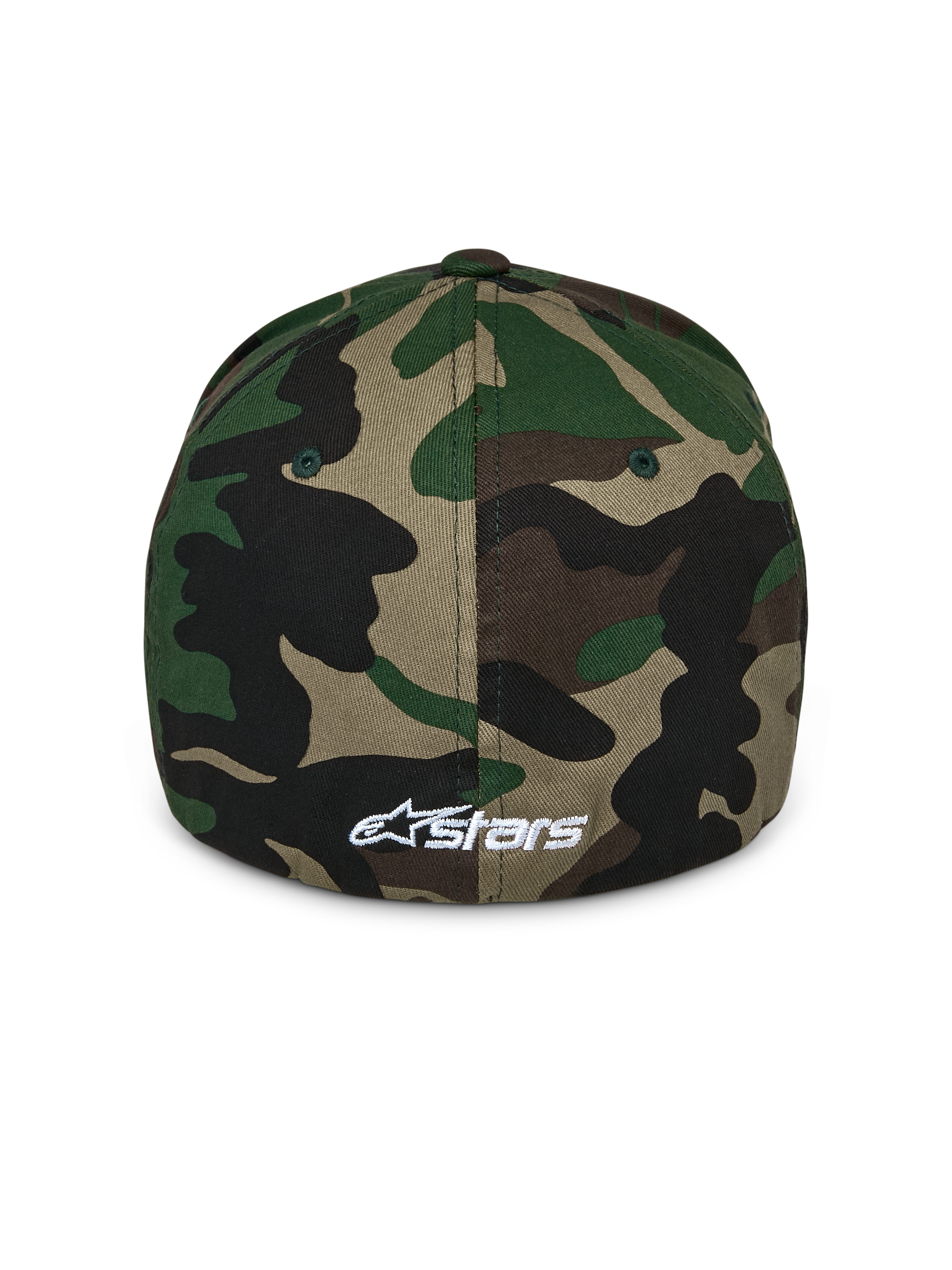 Alpinestars Ageless Multi Hat, baseballkasket i grøn camouflage, set bagfra med et lille hvidt broderet Astars-logo, struktureret krone og flex back-design