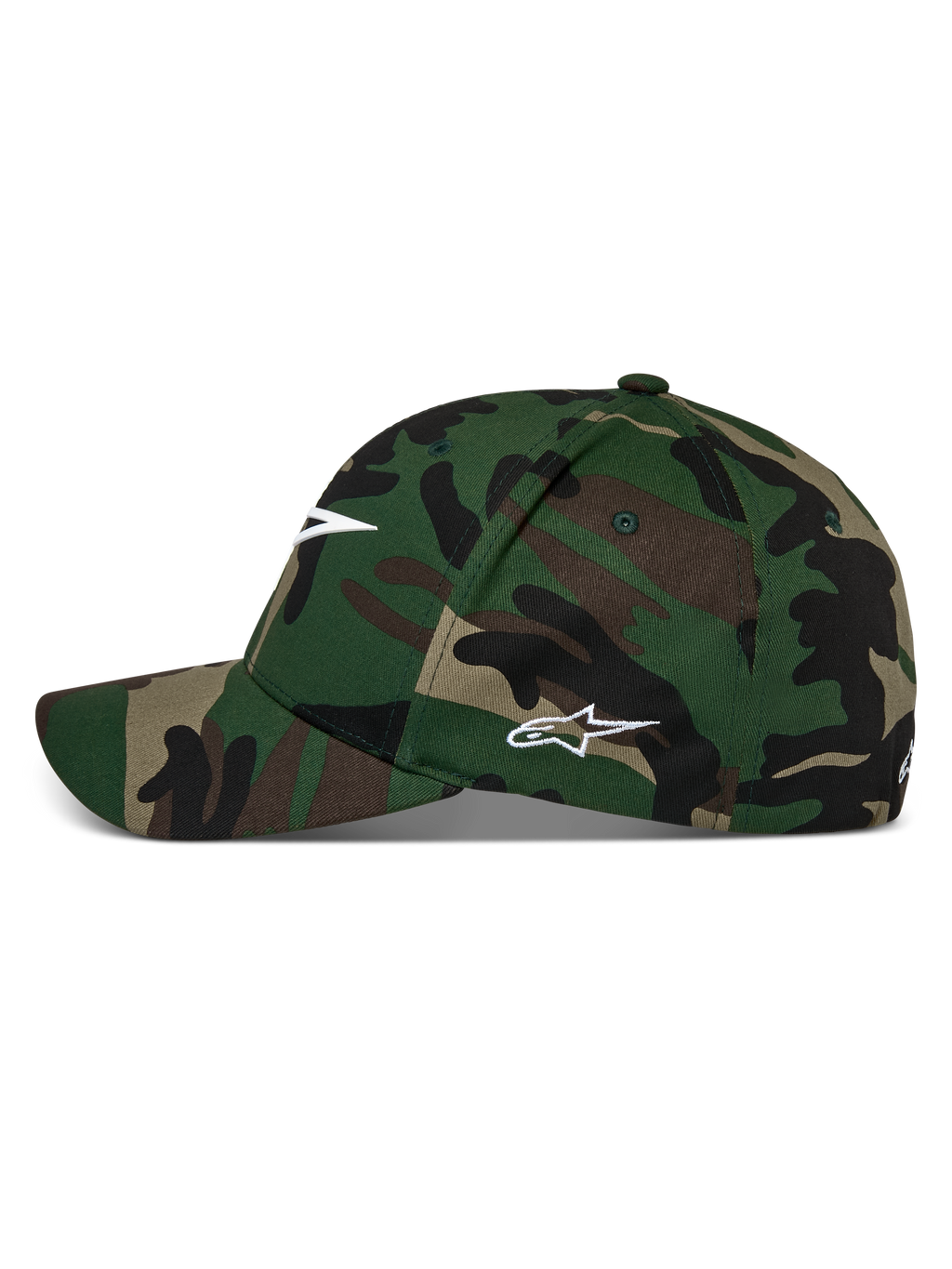 Alpinestars Ageless Multi Hat, grøn camouflage-kasket, buet skygge med struktureret krone, hvidt Astars-logo på fronten og siden, afslappet motorsport streetwear