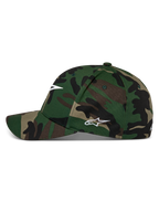 Alpinestars Ageless Multi Hat, grøn camouflage-kasket, buet skygge med struktureret krone, hvidt Astars-logo på fronten og siden, afslappet motorsport streetwear