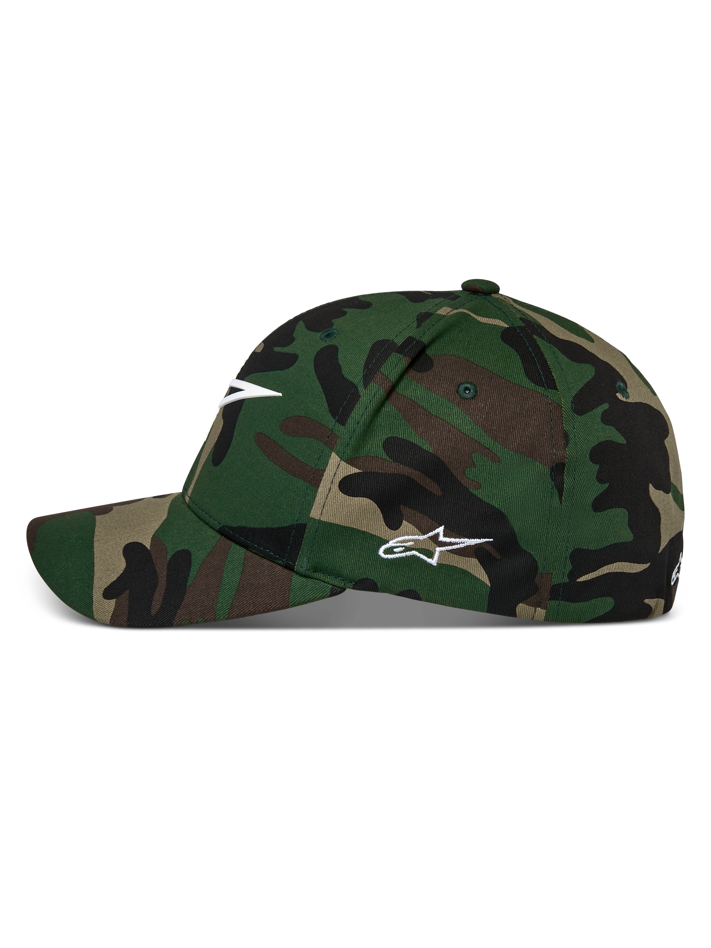 Alpinestars Ageless Multi Hat, grøn camouflage-kasket, buet skygge med struktureret krone, hvidt Astars-logo på fronten og siden, afslappet motorsport streetwear