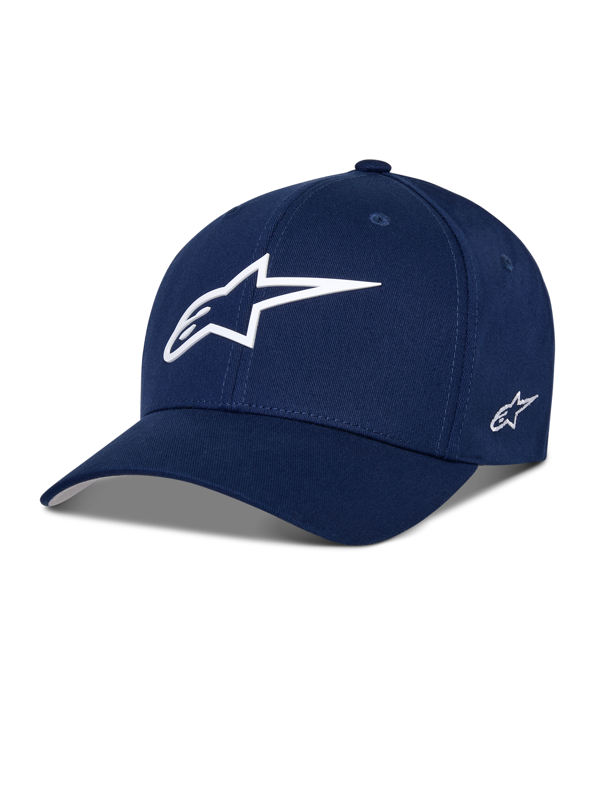 Alpinestars Ageless Multi Hat, mørkeblå baseballkasket, hvidt 3D-stjernelogo på fronten, broderet sidelogo, buet skygge, afslappet sportswear lifestyle-hovedbeklædning