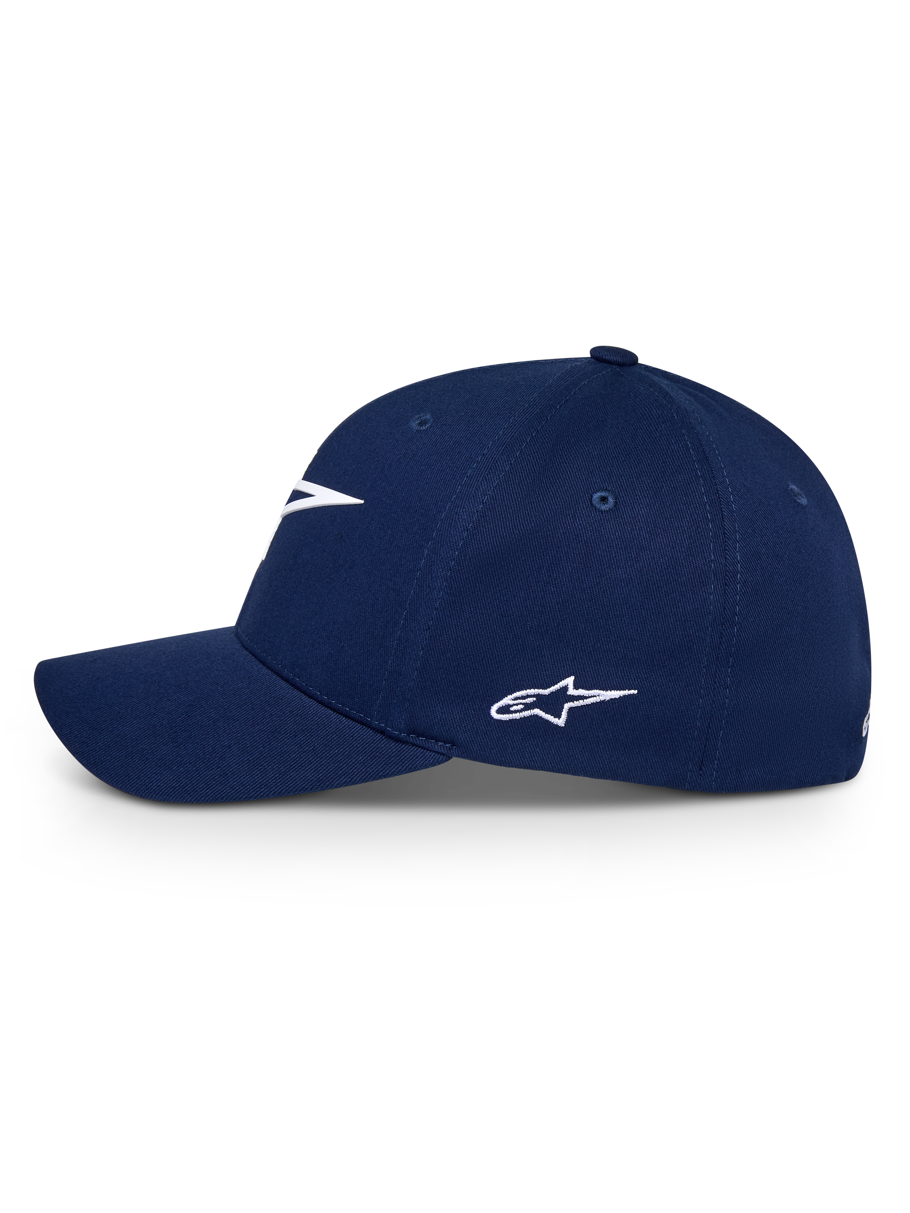Alpinestars Ageless Multi Hat, Navy Blue, side profile view of a curved bill baseball cap with white embroidered Astars logo, casual sportswear headwear