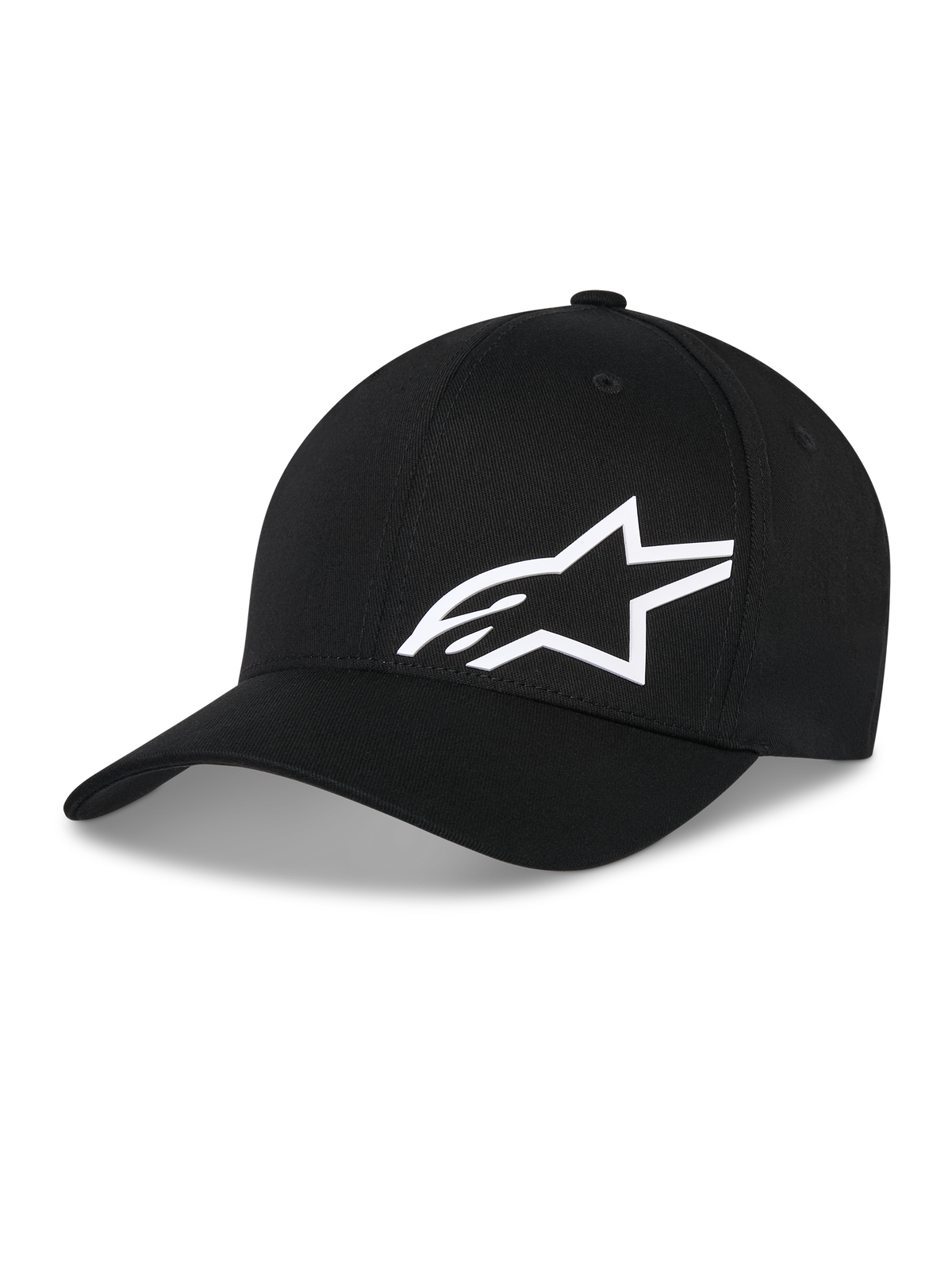 Alpinestars Corp Shift Multi Hat, black baseball cap with white 3D Astars logo, curved brim, structured crown, casual motorsport-inspired headwear