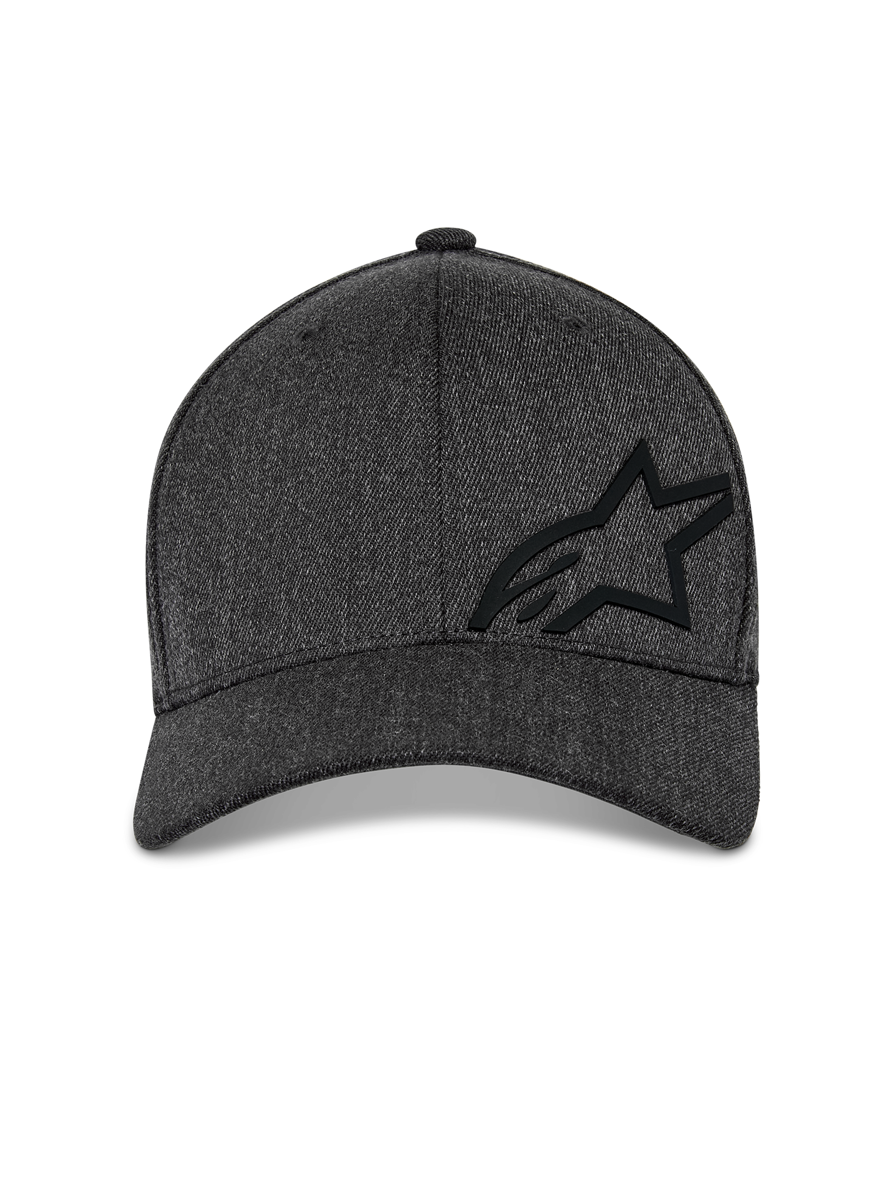 Alpinestars Corp Shift Multi Hat, Baseball Cap, Dark Grey Heather, front view featuring a structured crown with a black 3D Astars logo and curved bill, casual motorsport streetwear