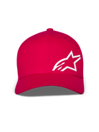 Alpinestars Corp Shift Multi kasket, baseballkasket, rød, med et stort hvidt 3D Astars-logo på forsiden, buet skygge og struktureret krone, afslappet motorsport-hovedbeklædning