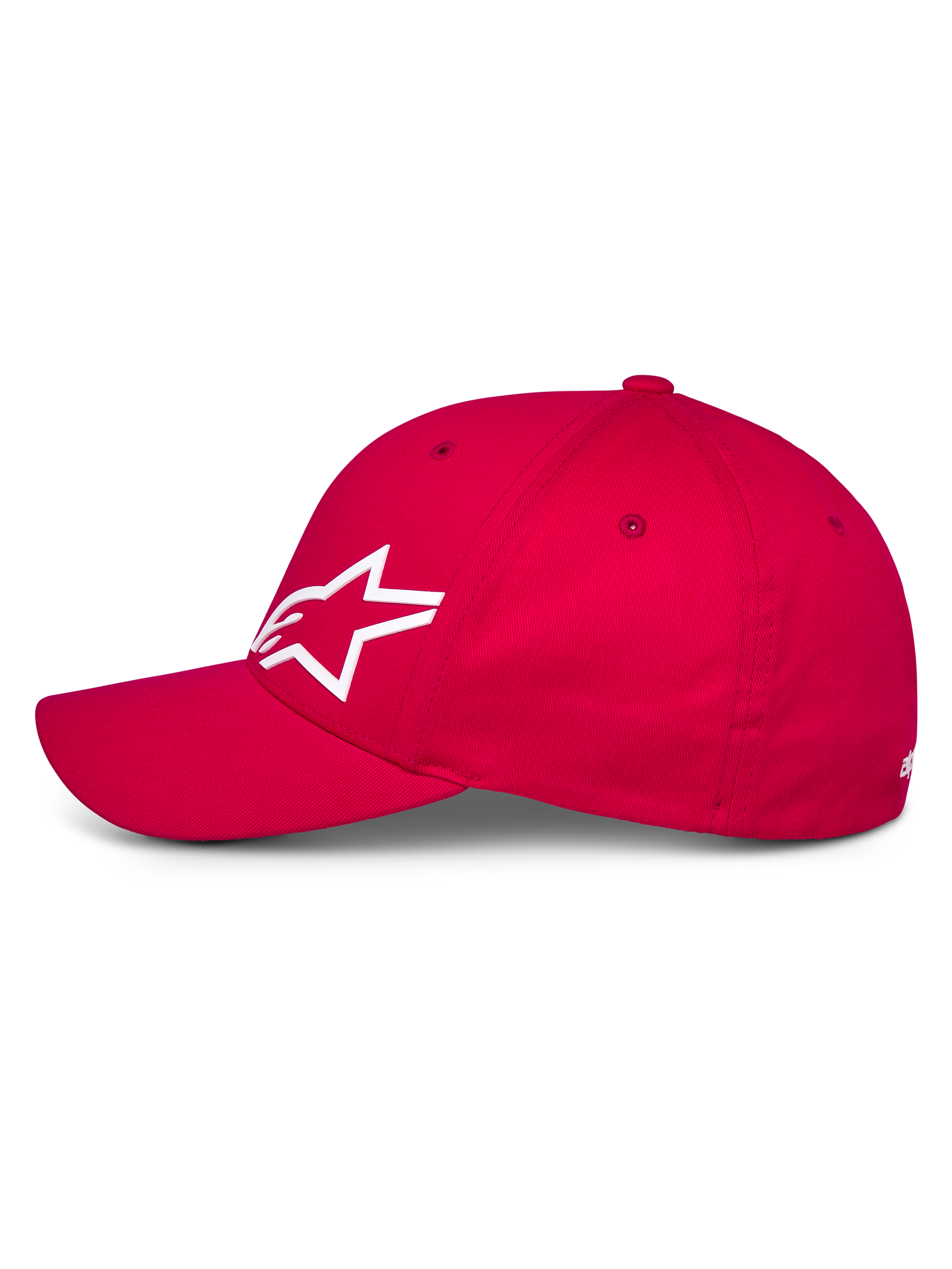 Alpinestars Corp Shift Multi Hat, rød kasket i baseball-stil, set fra siden med hvidt 3D Astars-logo, buet skygge og struktureret krone, casual motorsport-hovedbeklædning