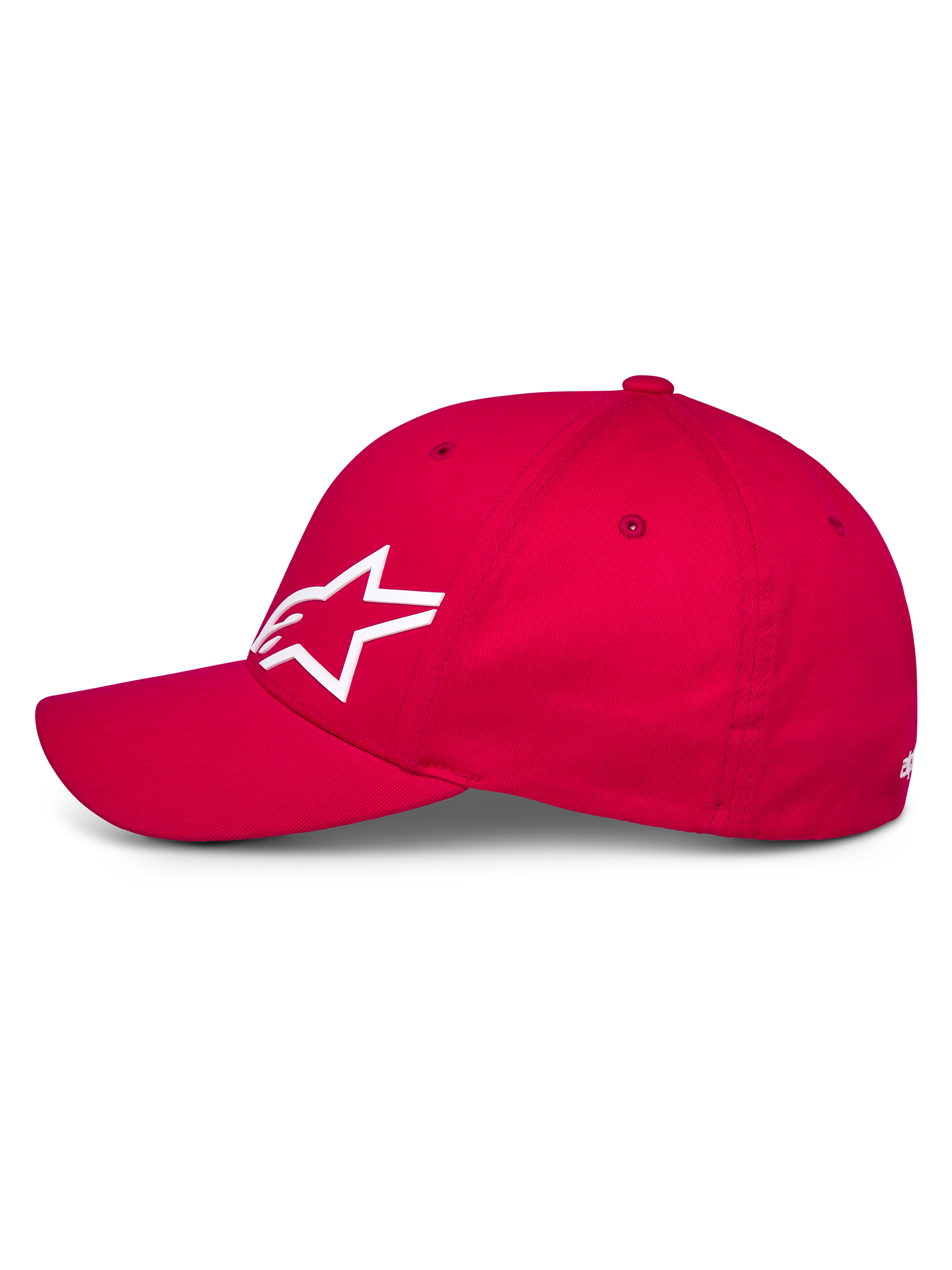 Alpinestars Corp Shift Multi Hat, rød kasket i baseball-stil, set fra siden med hvidt 3D Astars-logo, buet skygge og struktureret krone, casual motorsport-hovedbeklædning