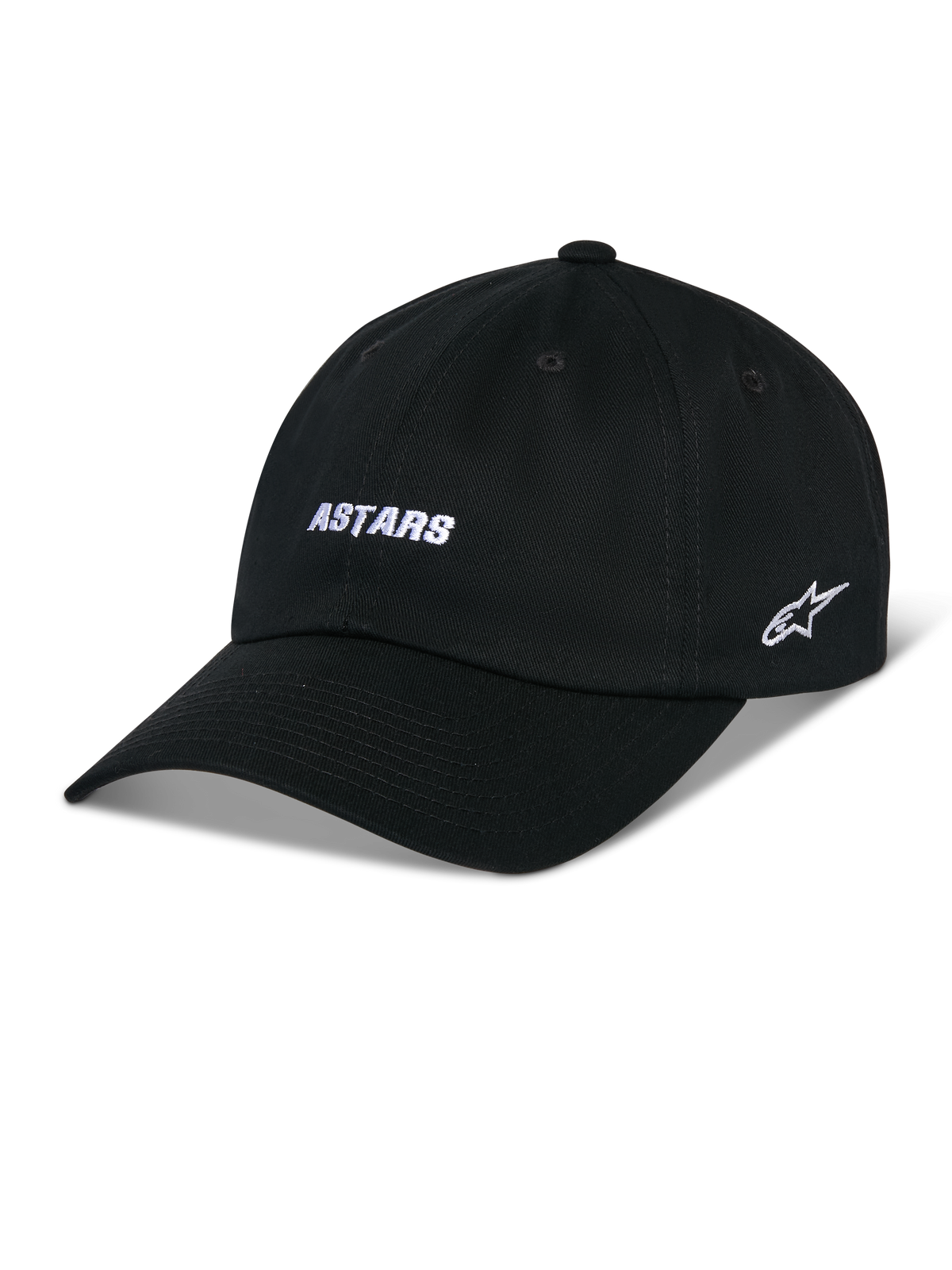 Alpinestars Deduce Strapback kasket, sort baseballkasket med buet skygge, hvidt ASTARS-broderi på fronten og stjernelogo på siden, ustruktureret lav krone, bomuldstwill