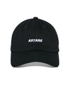 Alpinestars Deduce Strapback Hat, Black, front view showing white ASTARS embroidery, curved bill, unstructured low crown, casual motorsport headwear