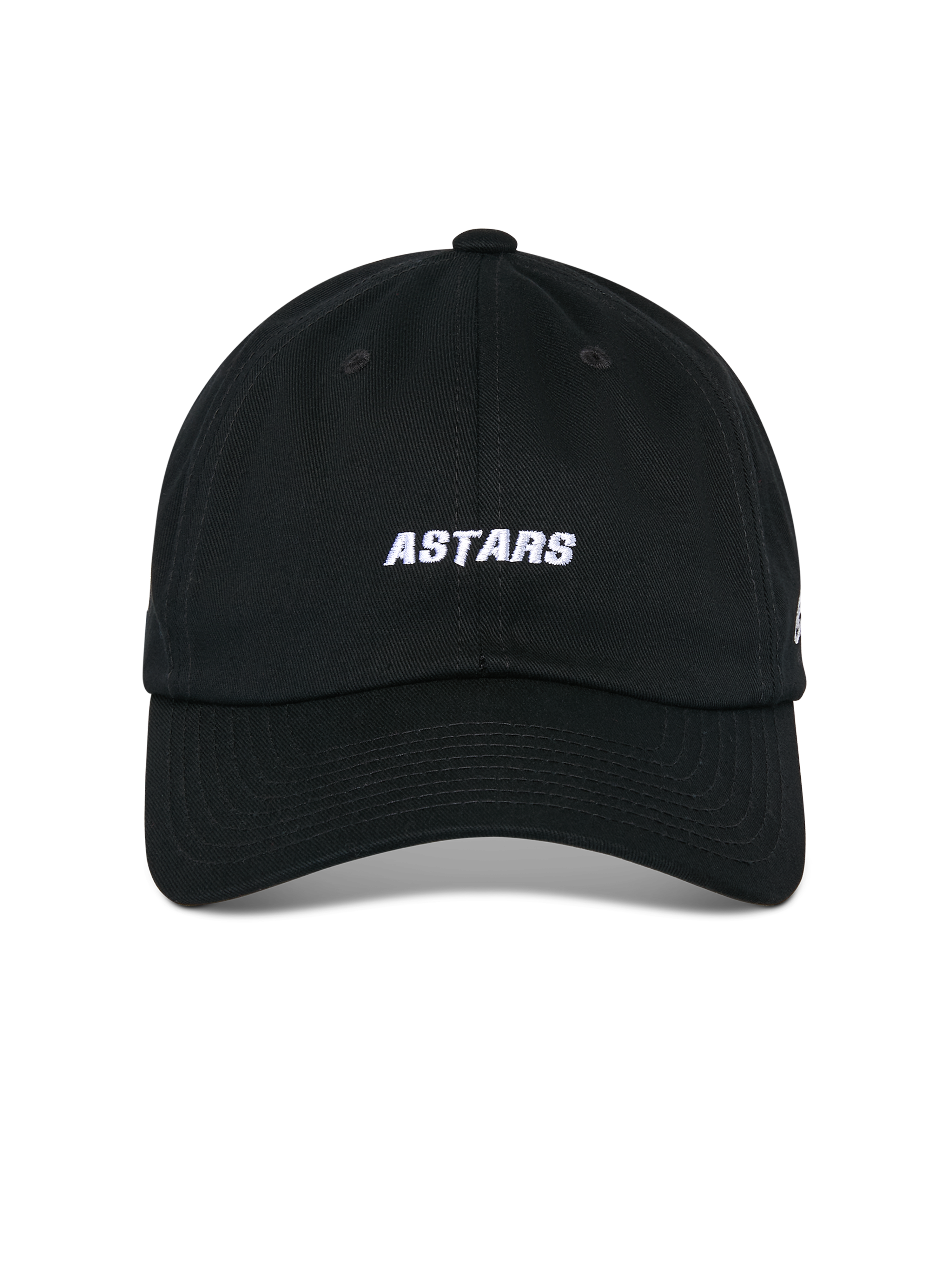 Alpinestars Deduce Strapback Hat, Black, front view showing white ASTARS embroidery, curved bill, unstructured low crown, casual motorsport headwear