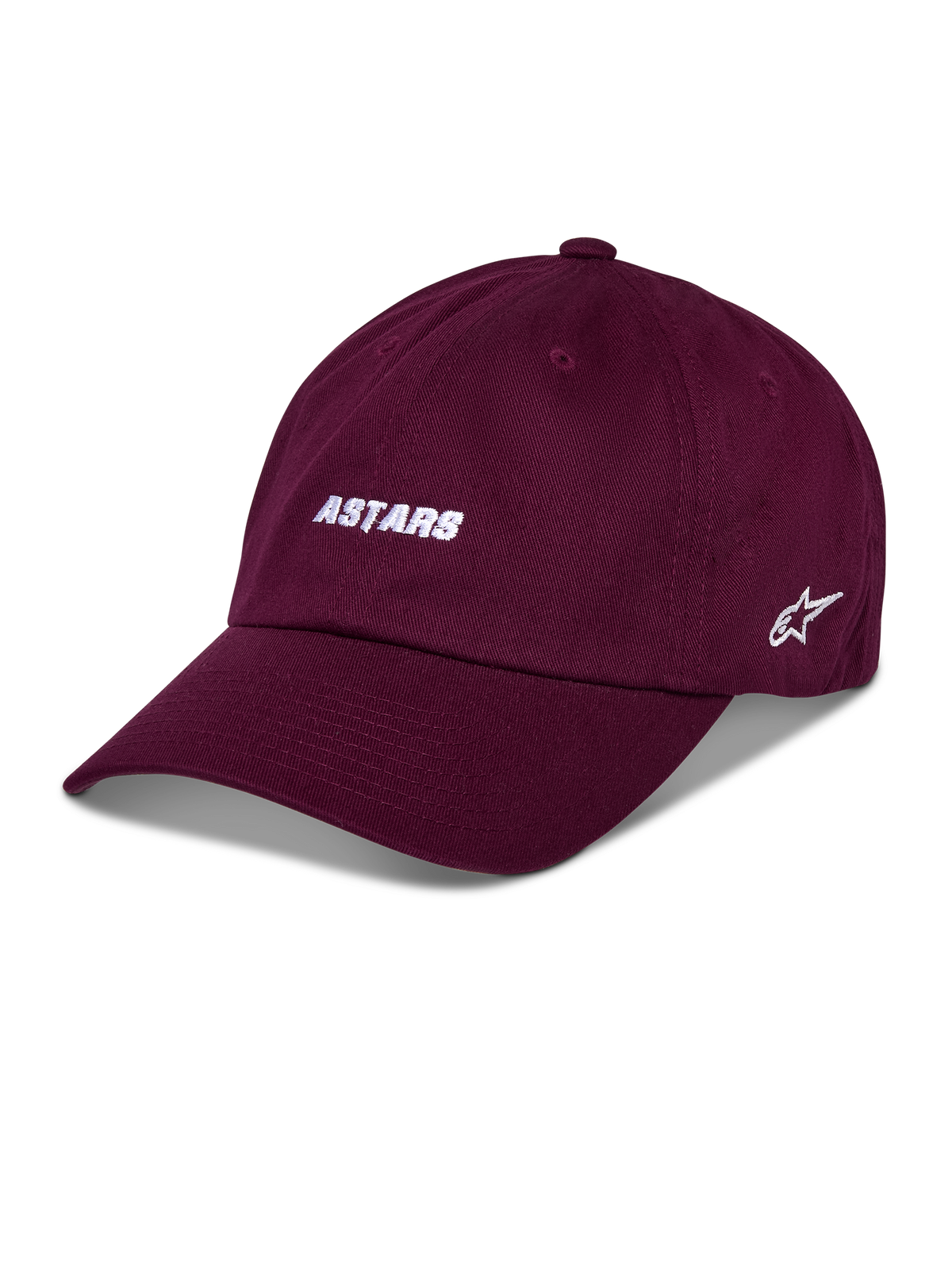 Alpinestars Deduce Strapback kasket, baseballkasket, vinrød, hvid broderet ASTARS-tekst på fronten, stjerne-logo på siden, buet skygge, afslappet motorsport streetwear