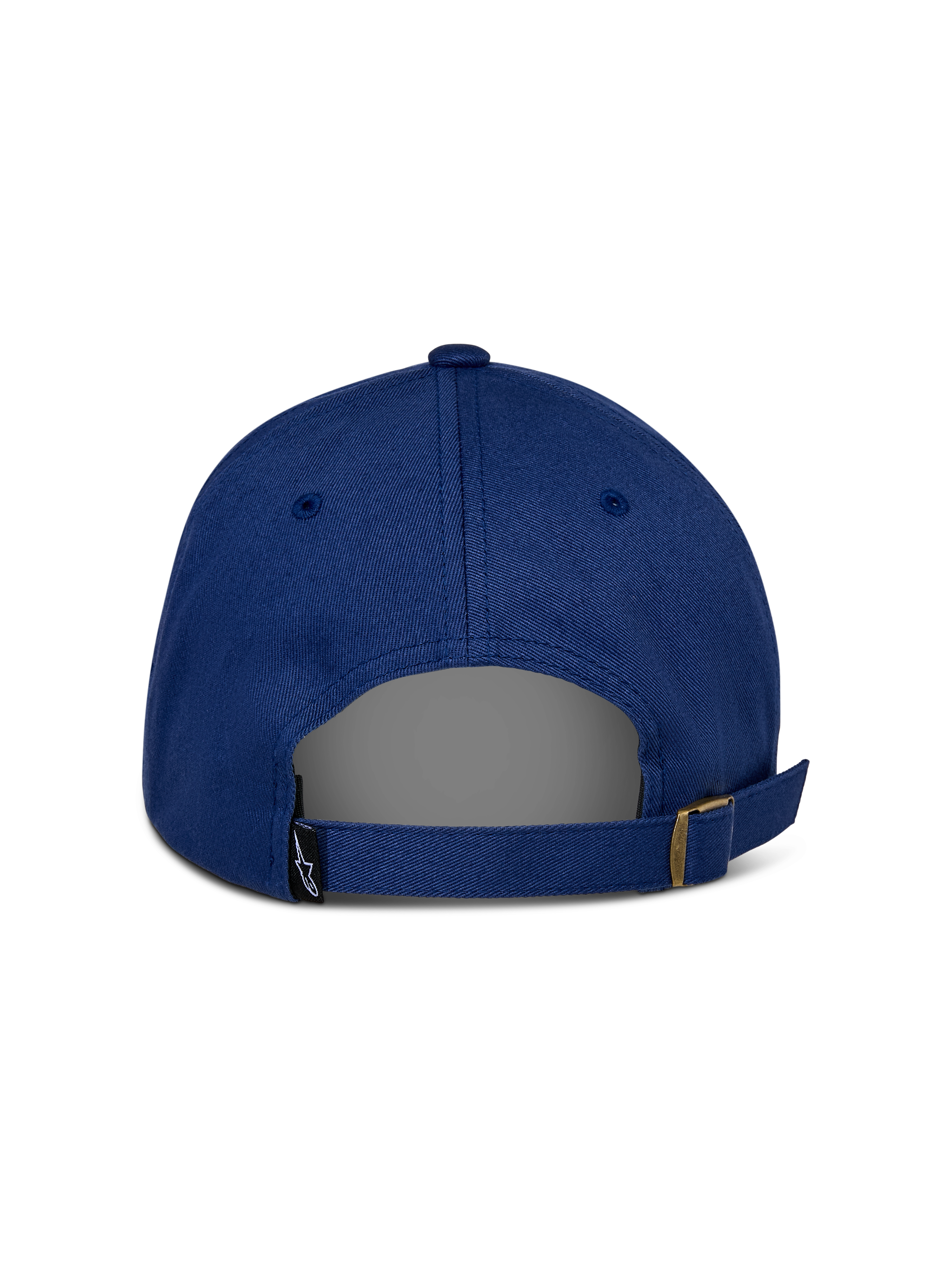 Alpinestars Deduce Strapback Hat, Blue, rear view showing adjustable strapback closure with metal buckle, small black Astars logo tag, casual cotton twill construction
