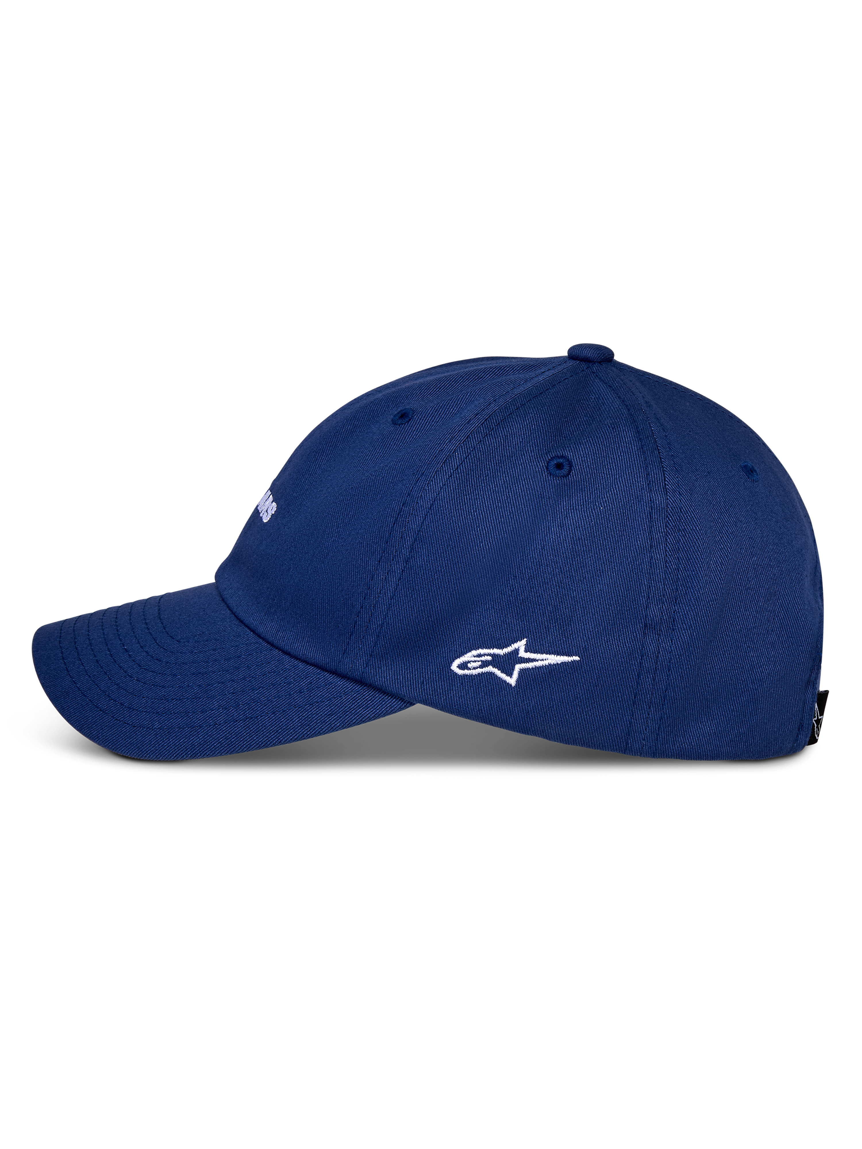 Alpinestars Deduce Strapback Hat, Blue, side profile view featuring curved bill and white embroidered Astars logo, cotton twill construction, casual sportswear