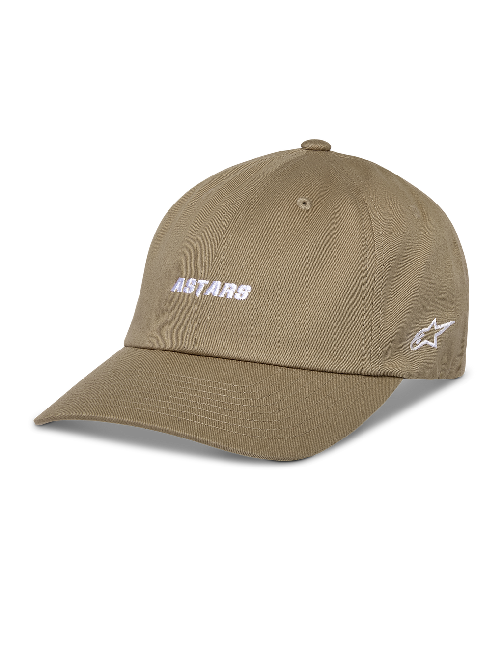 Alpinestars Deduce Strapback kasket, baseballkasket i khaki, hvidt ASTARS-broderi foran og stjernelogo på siden, buet skygge, bomuldstwill, afslappet sportstøj