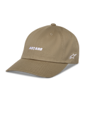 Alpinestars Deduce Strapback kasket, baseballkasket i khaki, hvidt ASTARS-broderi foran og stjernelogo på siden, buet skygge, bomuldstwill, afslappet sportstøj