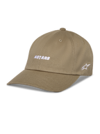 Alpinestars Deduce Strapback kasket, baseballkasket i khaki, hvidt ASTARS-broderi foran og stjernelogo på siden, buet skygge, bomuldstwill, afslappet sportstøj