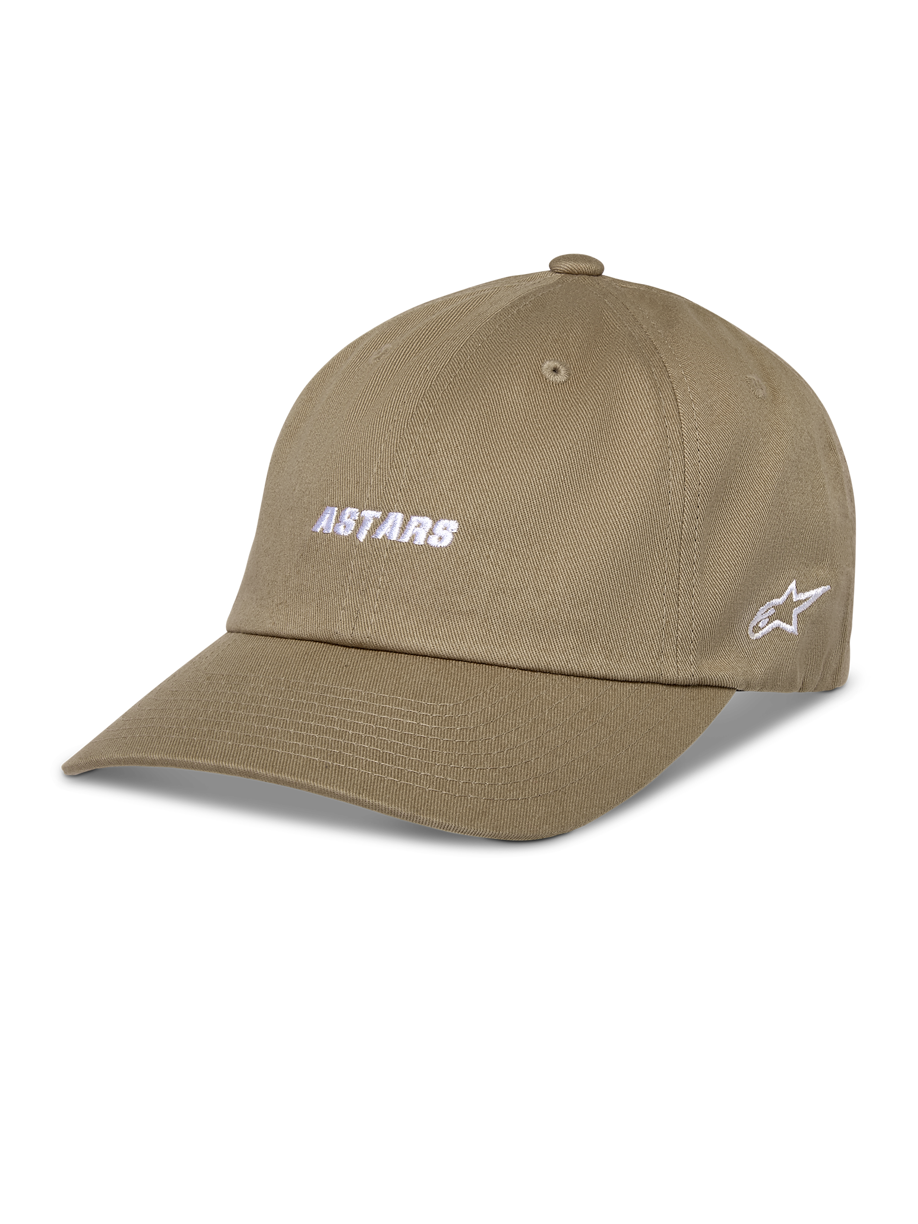 Alpinestars Deduce Strapback Hat, Khaki Baseball Cap, White ASTARS embroidery on front and side star logo, Curved Bill, Cotton Twill, Casual Sportswear