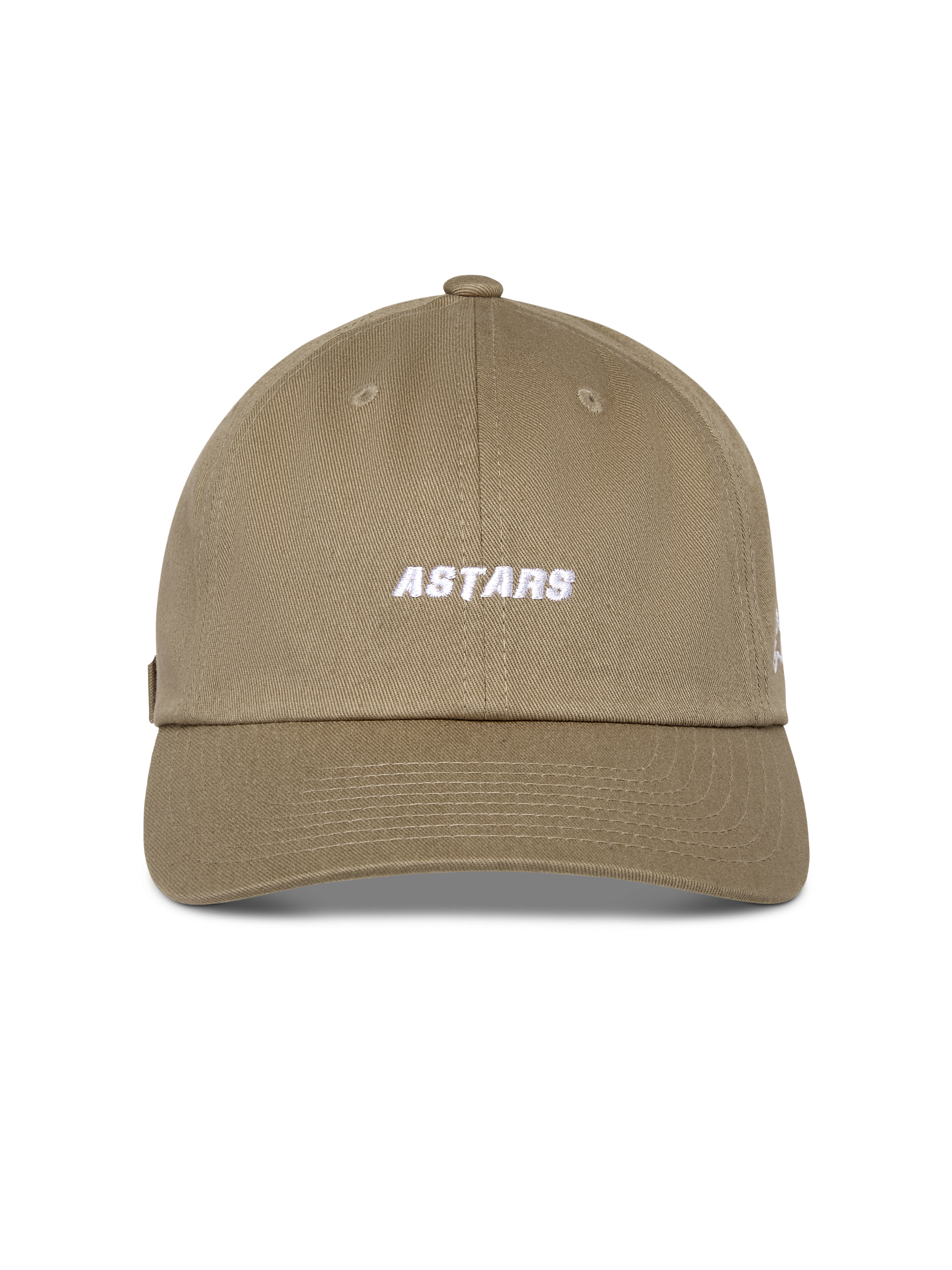 Alpinestars Deduce Strapback kasket, khaki, ustruktureret lav krone med buet skygge, hvidt broderet Astars-logotekst på forsiden, bomuldstwill, afslappet motorsport-inspireret hovedbeklædning