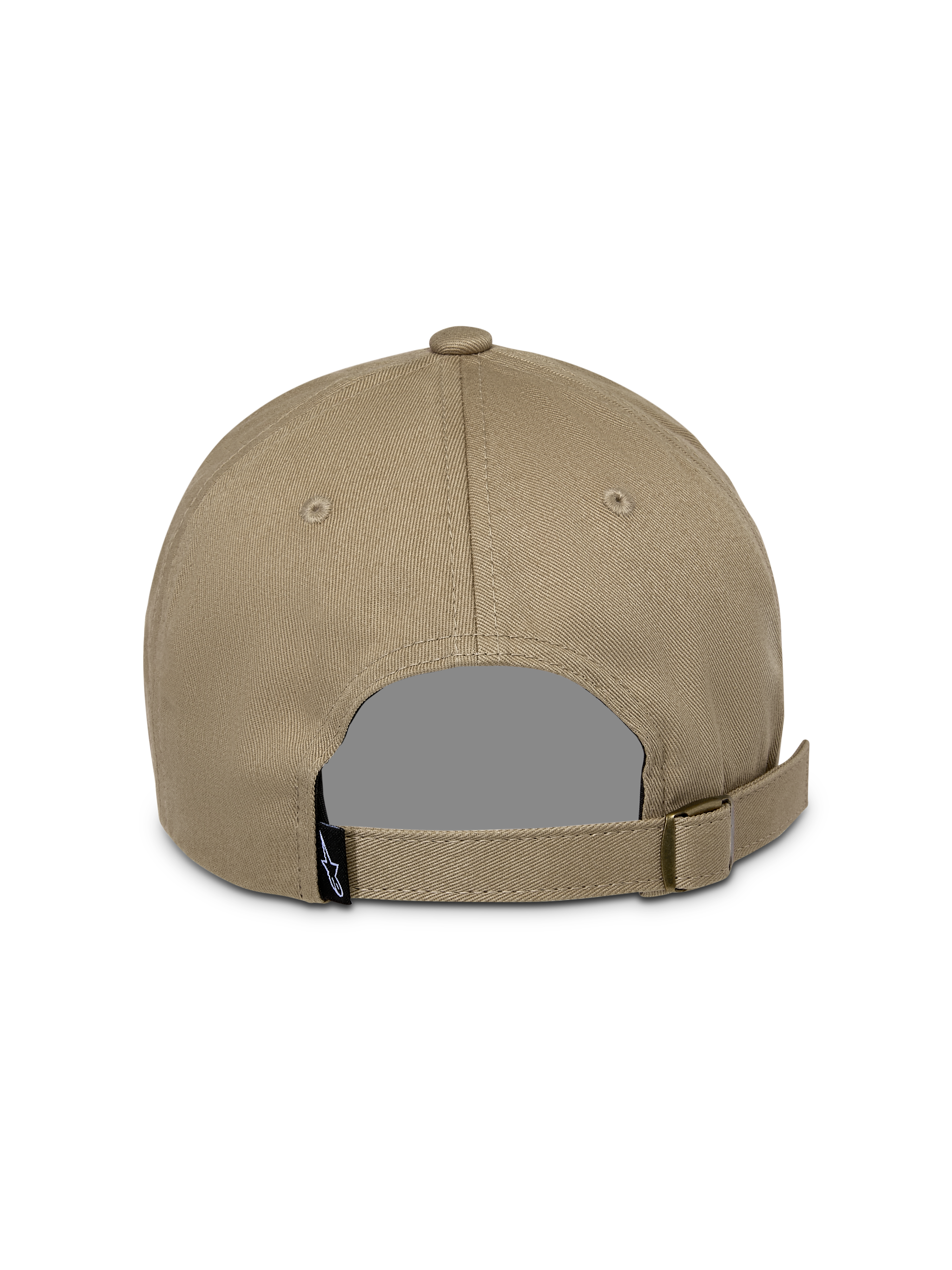 Alpinestars Deduce Strapback kasket, khaki, set bagfra med justerbar rem og metalspænde, lille sort logo-mærke, afslappet hovedbeklædning i bomuldstwill