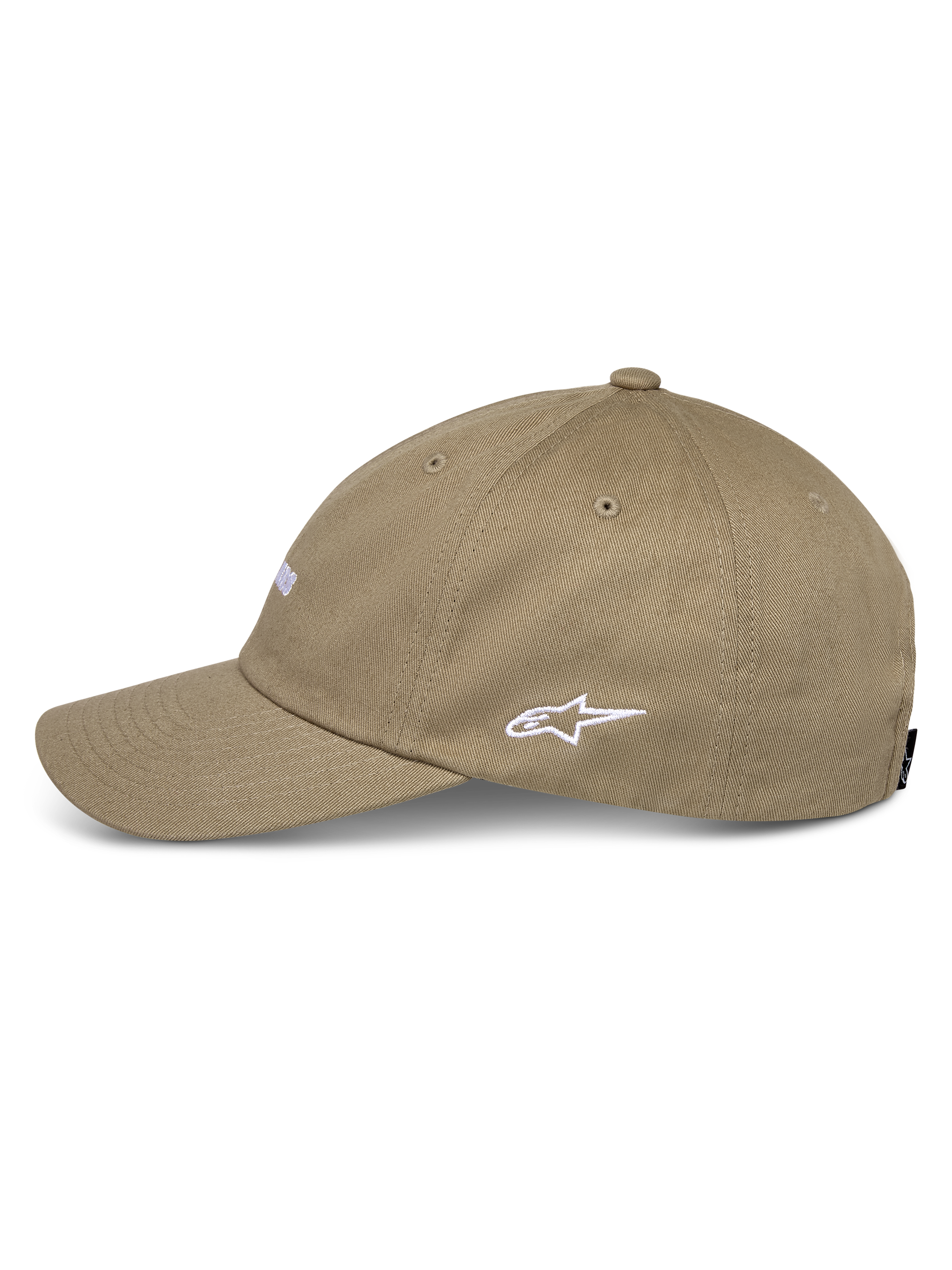 Alpinestars Deduce Strapback kasket, khaki, set fra siden med hvidt broderet Astars-logo, buet skygge, konstruktion i bomuldstwill, afslappet motorsport-streetwear