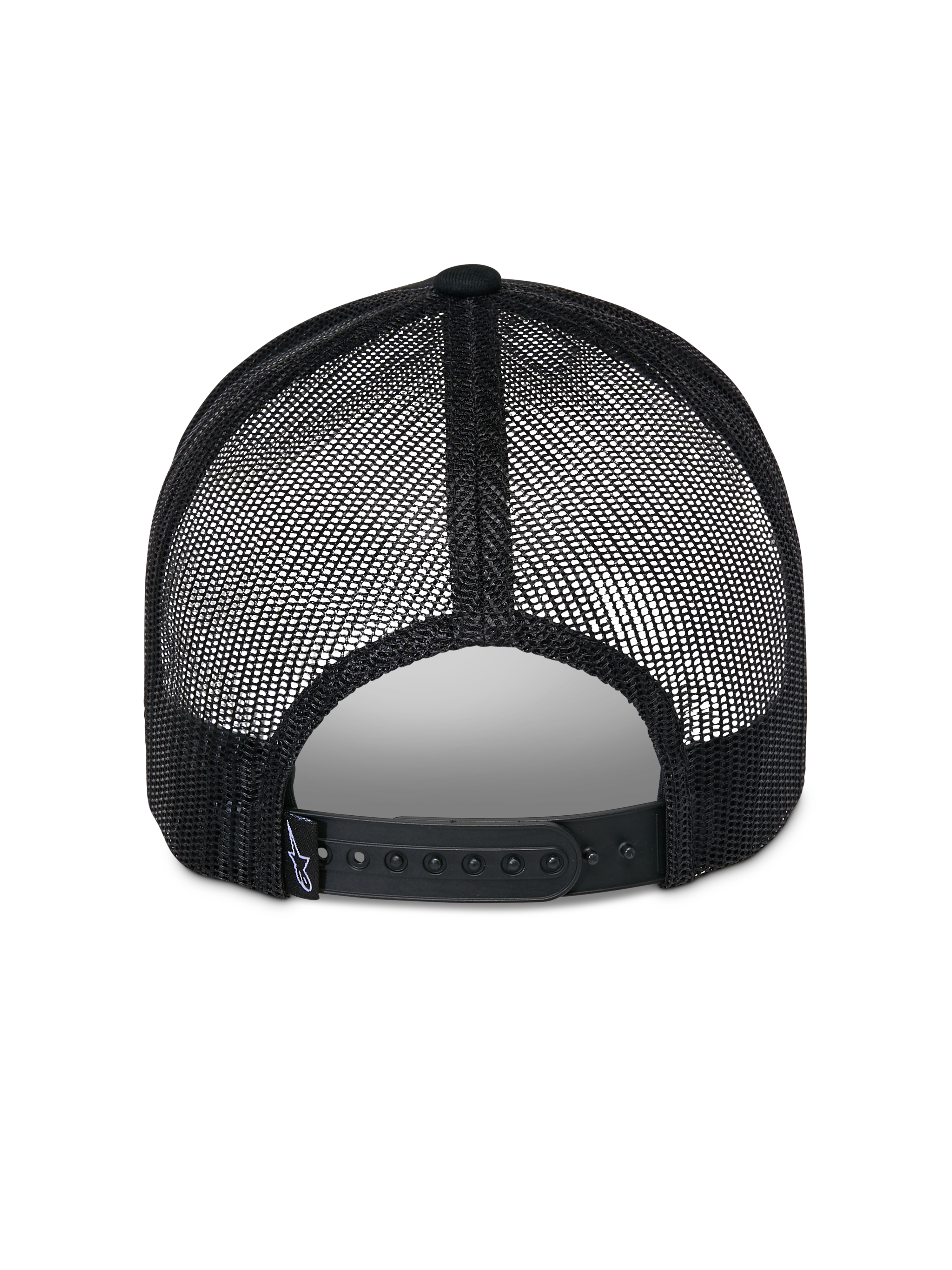 Alpinestars Reflect Ageless Trucker Hat, Black, back view showing breathable poly mesh panels and adjustable snapback closure, features a small woven brand tag, casual motorsport-inspired headwear.