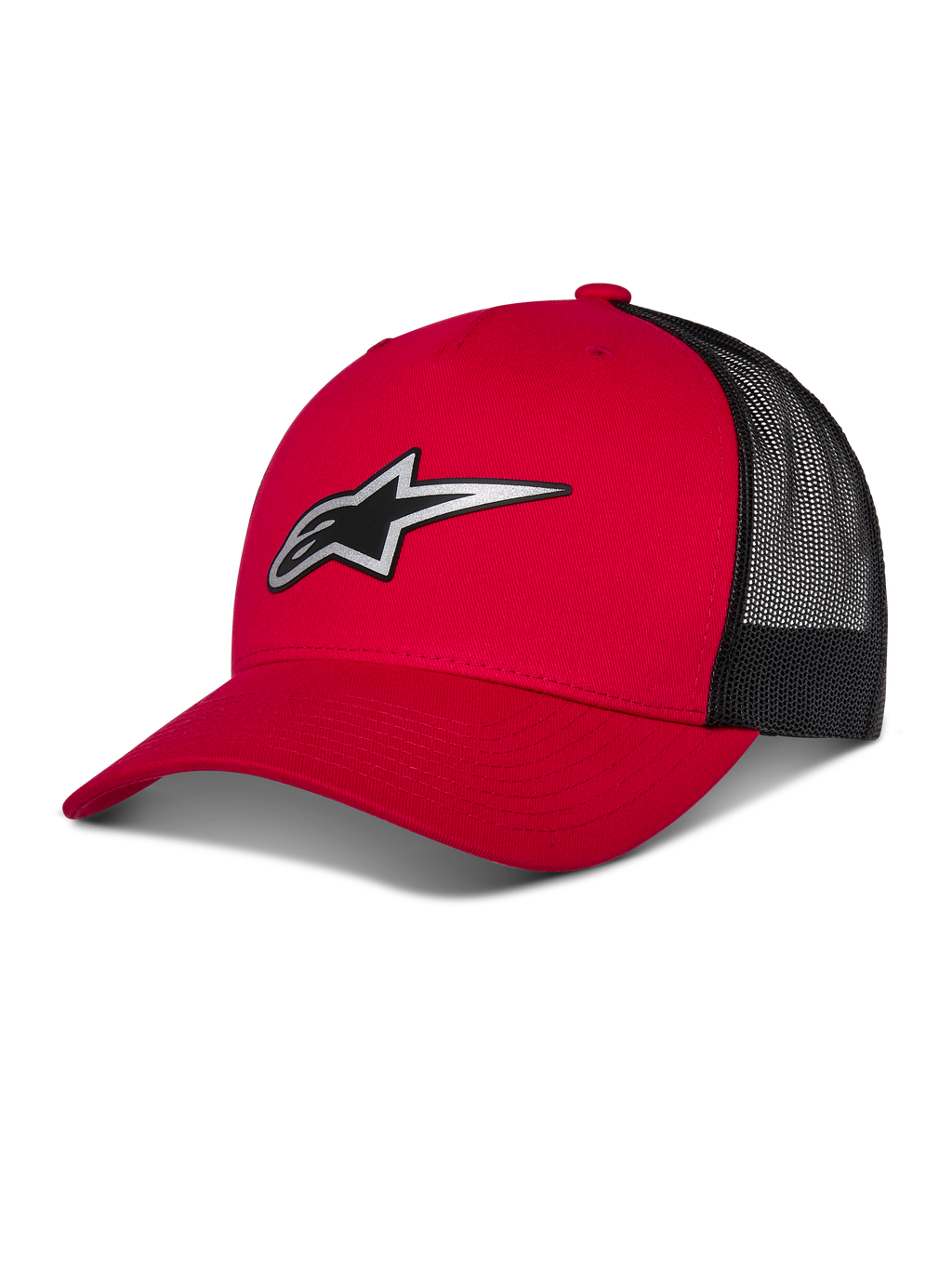 Alpinestars Reflect Ageless Trucker Hat, rød og sort baseballkasket, buet skygge med reflekterende Astars-logo, sorte mesh-paneler bagpå, struktureret design