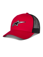 Alpinestars Reflect Ageless Trucker Hat, rød og sort baseballkasket, buet skygge med reflekterende Astars-logo, sorte mesh-paneler bagpå, struktureret design
