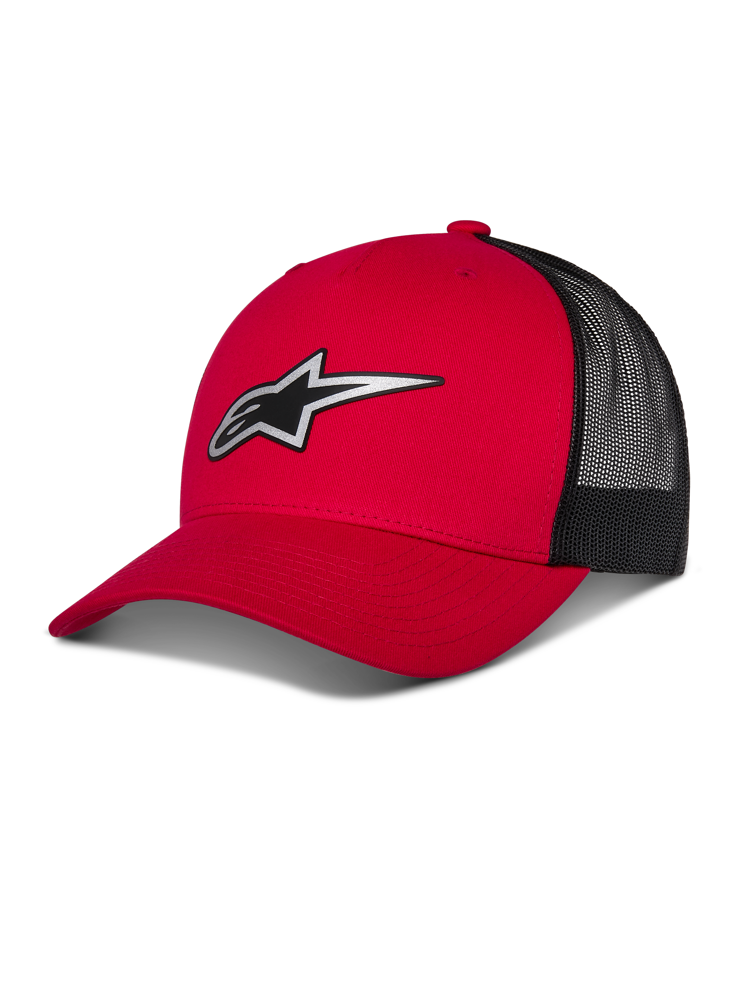 Alpinestars Reflect Ageless Trucker Hat, rød og sort baseballkasket, buet skygge med reflekterende Astars-logo, sorte mesh-paneler bagpå, struktureret design