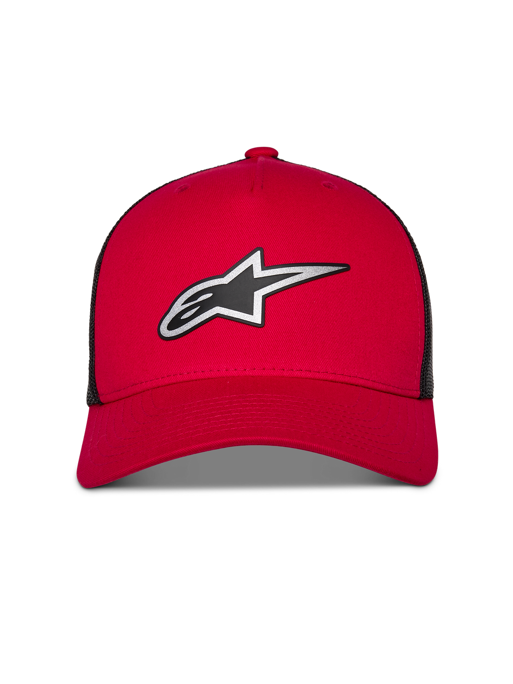 Alpinestars Reflect Ageless Trucker kasket, rød og sort, med et stort reflekterende sølv og sort Astars-logo, buet skygge med struktureret krone og sorte mesh-paneler bagpå, afslappet motorsport-lifestyle hovedbeklædning
