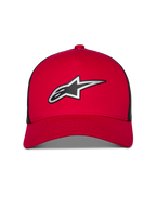 Alpinestars Reflect Ageless Trucker kasket, rød og sort, med et stort reflekterende sølv og sort Astars-logo, buet skygge med struktureret krone og sorte mesh-paneler bagpå, afslappet motorsport-lifestyle hovedbeklædning