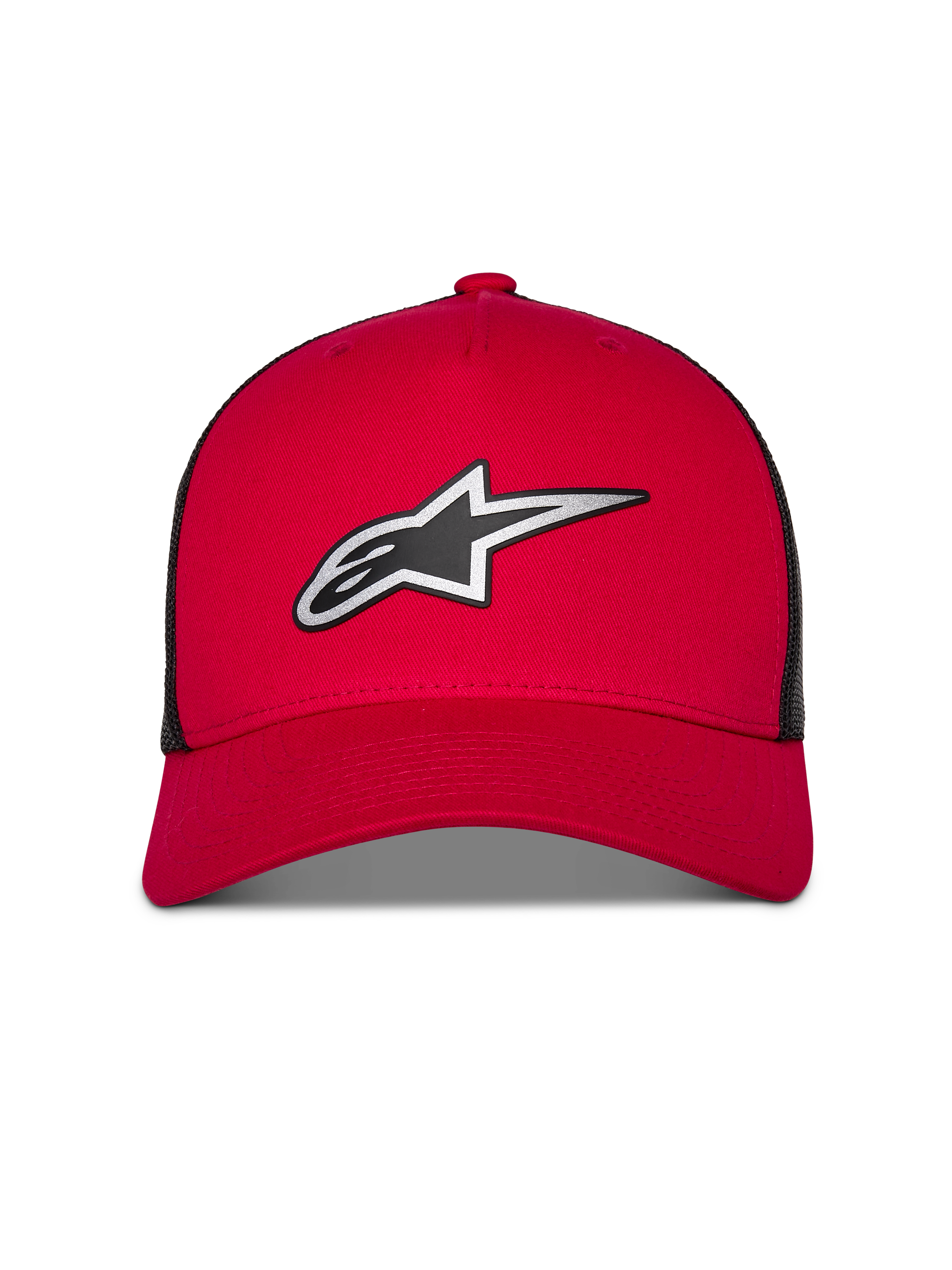 Alpinestars Reflect Ageless Trucker kasket, rød og sort, med et stort reflekterende sølv og sort Astars-logo, buet skygge med struktureret krone og sorte mesh-paneler bagpå, afslappet motorsport-lifestyle hovedbeklædning