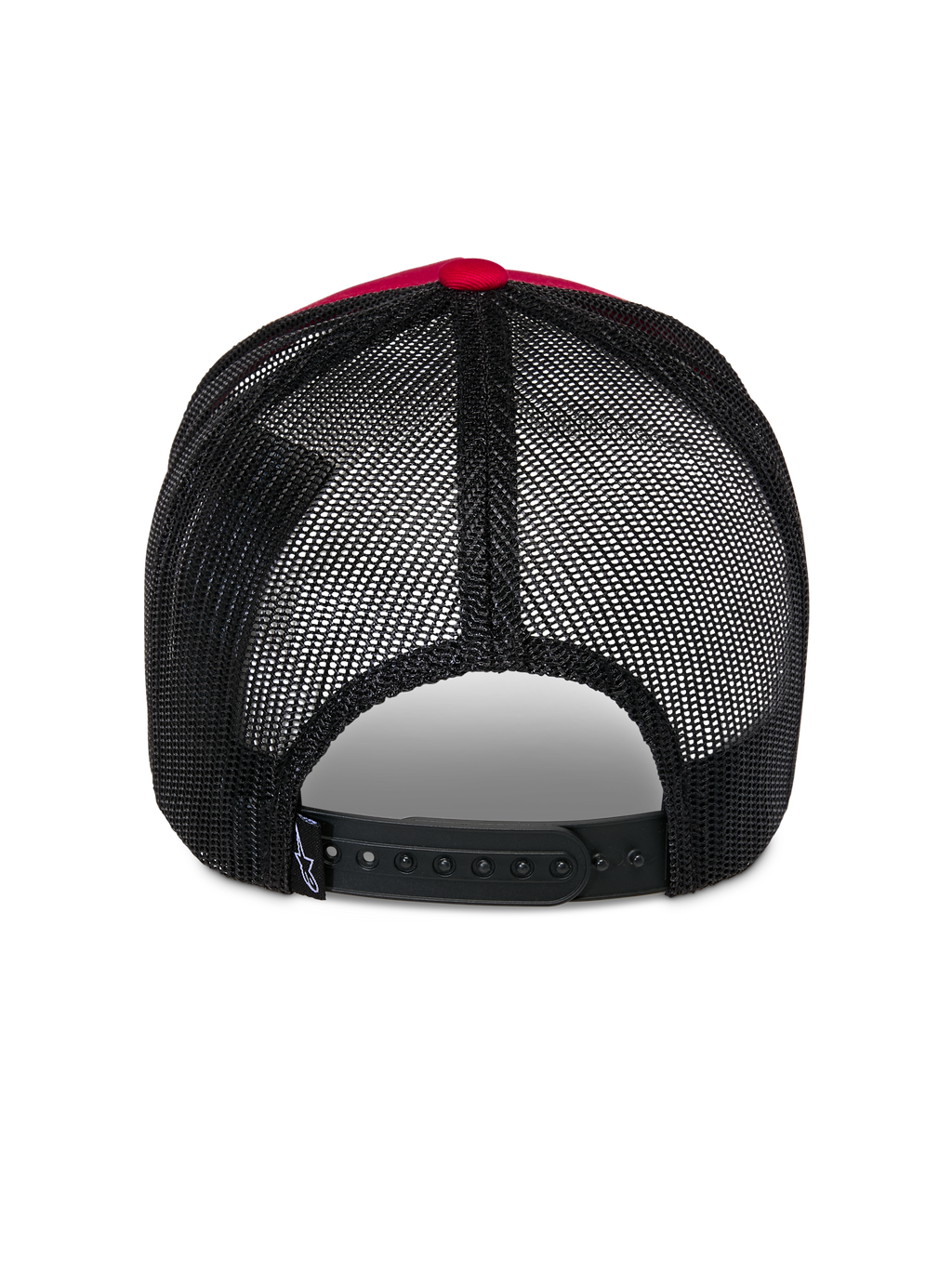 Alpinestars Reflect Ageless Trucker Hat, set bagfra, rød og sort, med sorte poly-mesh-paneler og justerbar snapback-lukning, afslappet motorsport-inspireret hovedbeklædning