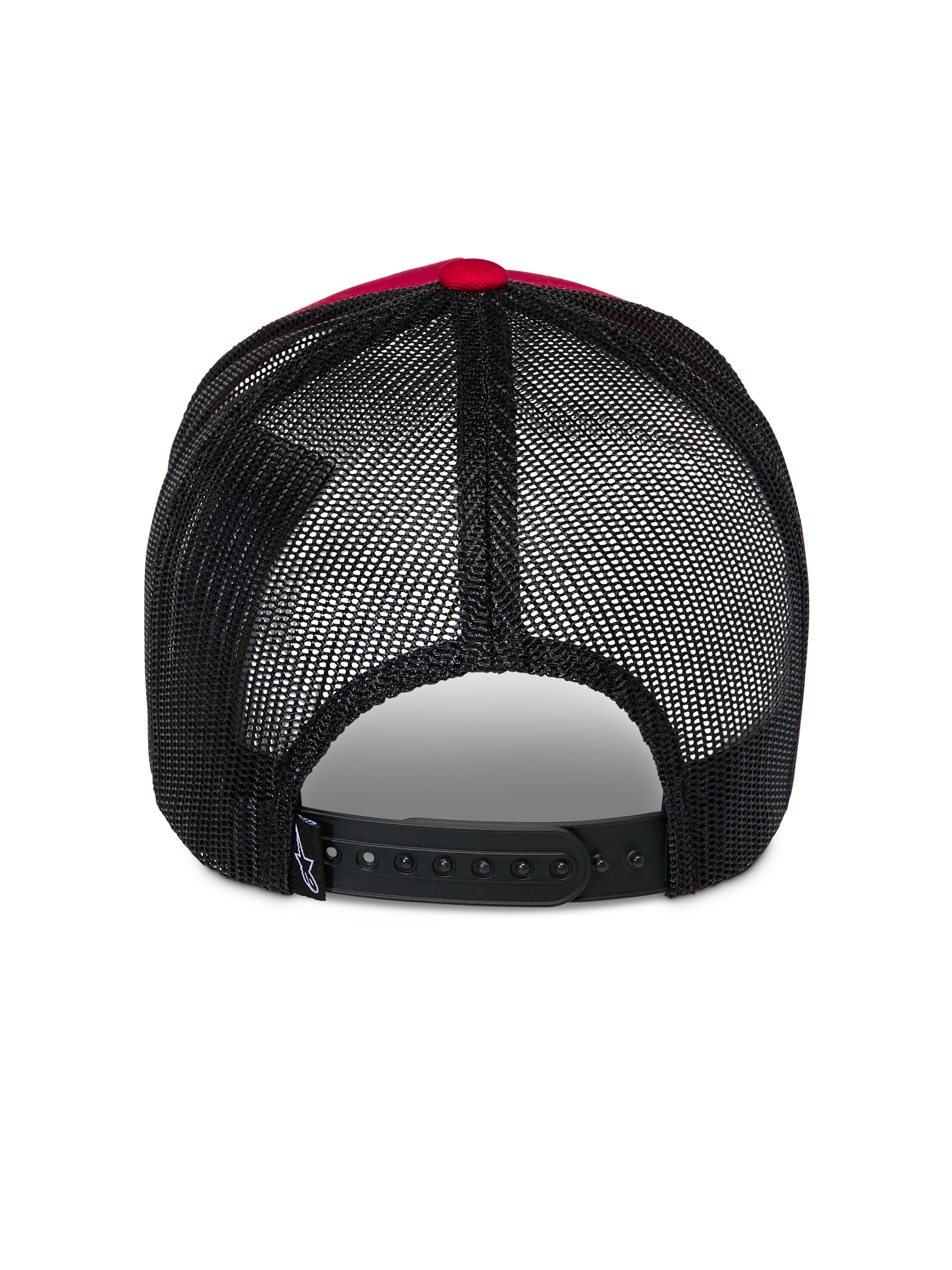 Alpinestars Reflect Ageless Trucker Hat, set bagfra, rød og sort, med sorte poly-mesh-paneler og justerbar snapback-lukning, afslappet motorsport-inspireret hovedbeklædning