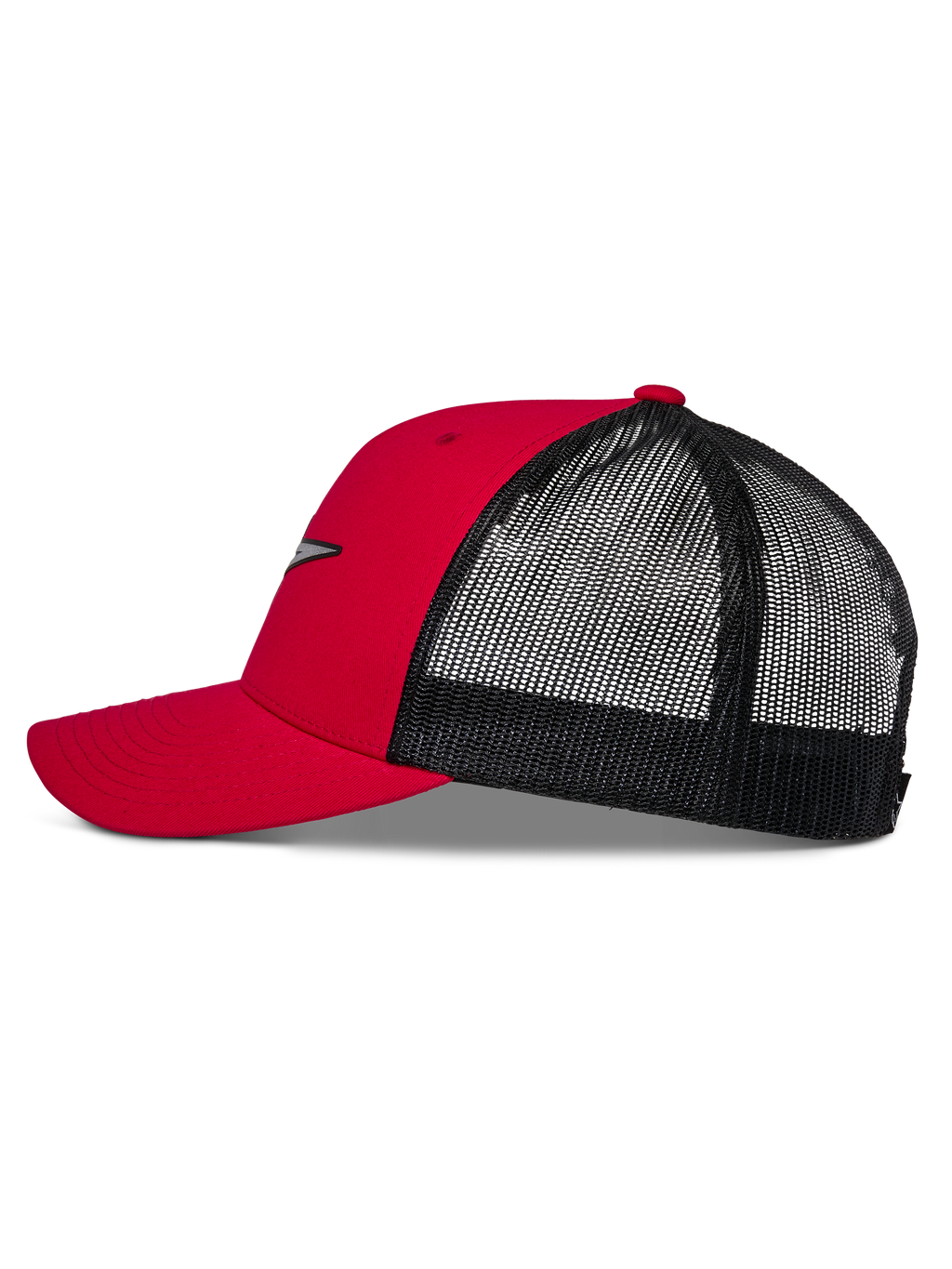Alpinestars Reflect Ageless Trucker Hat, rød og sort, sideprofil med buet skygge, struktureret rød krone og sort mesh-bagside, afslappet motorsport-inspireret hovedbeklædning