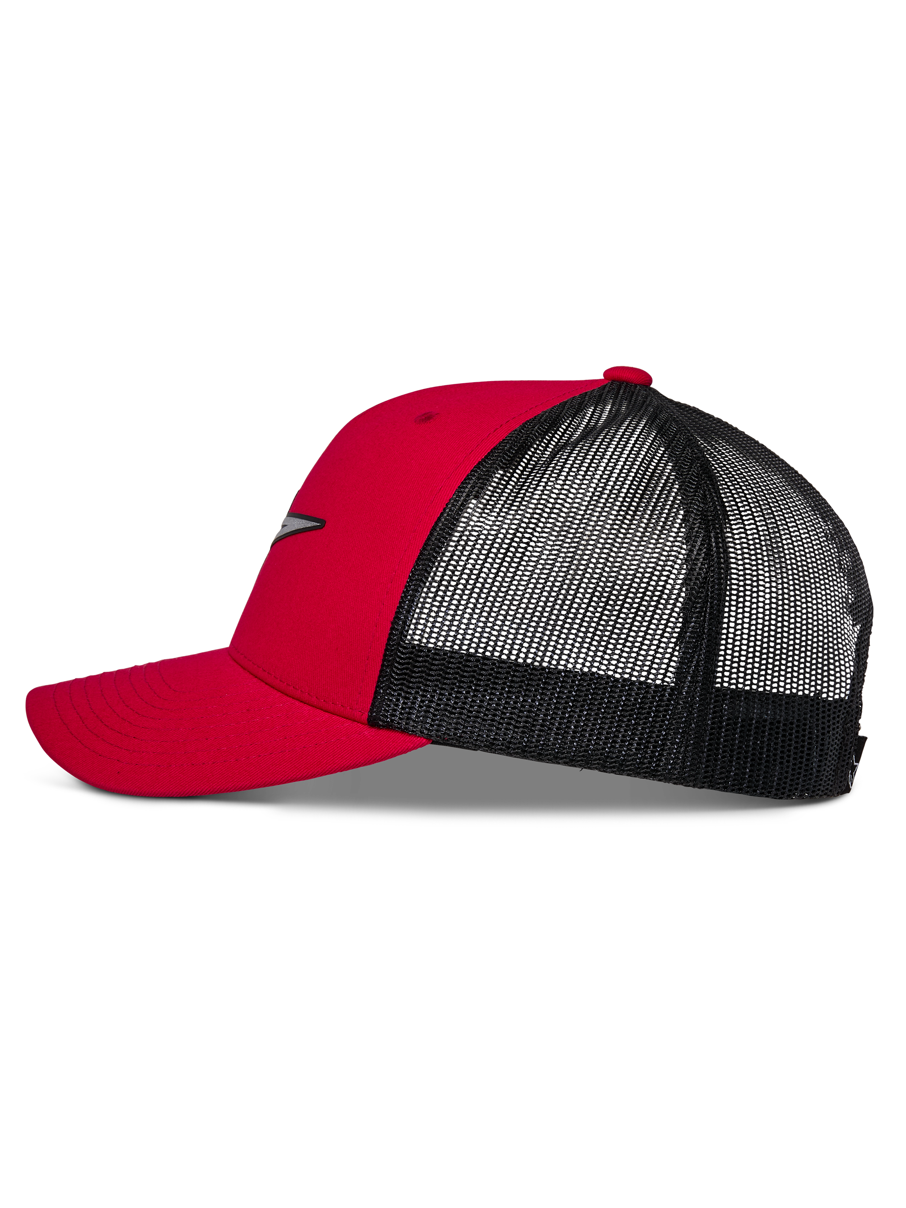 Alpinestars Reflect Ageless Trucker Hat, rød og sort, sideprofil med buet skygge, struktureret rød krone og sort mesh-bagside, afslappet motorsport-inspireret hovedbeklædning