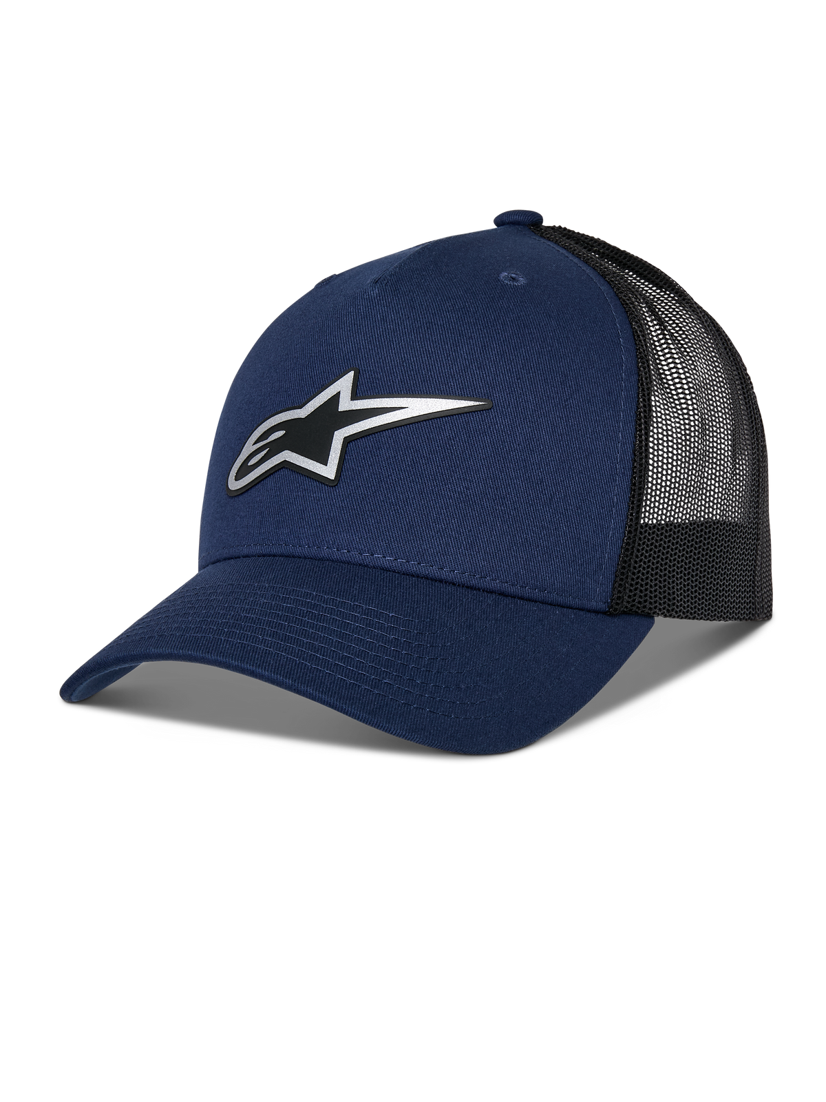 Alpinestars Reflect Ageless Trucker Hat, Navy Blue and Black Trucker Cap, Curved Brim, Reflective Silver Astars Logo, Mesh Back for Ventilation, Structured Crown, Casual Motorsport Style