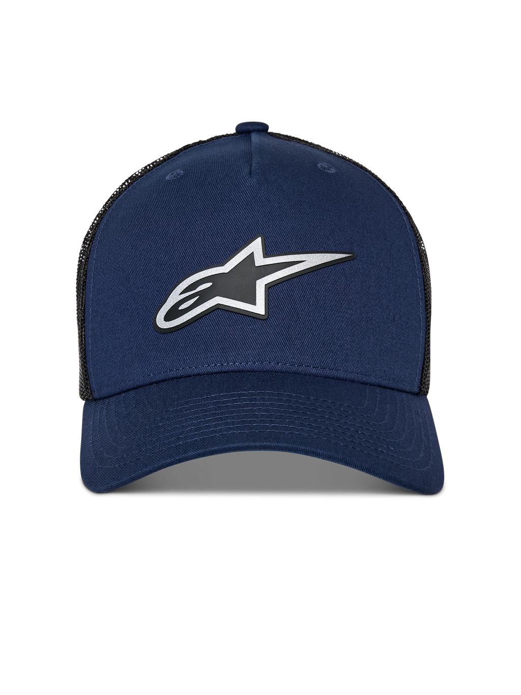 Alpinestars Reflect Ageless Trucker Hat, Navy Blue and Black mesh, front reflective HD Astars logo, curved bill, structured crown, casual motorsport headwear