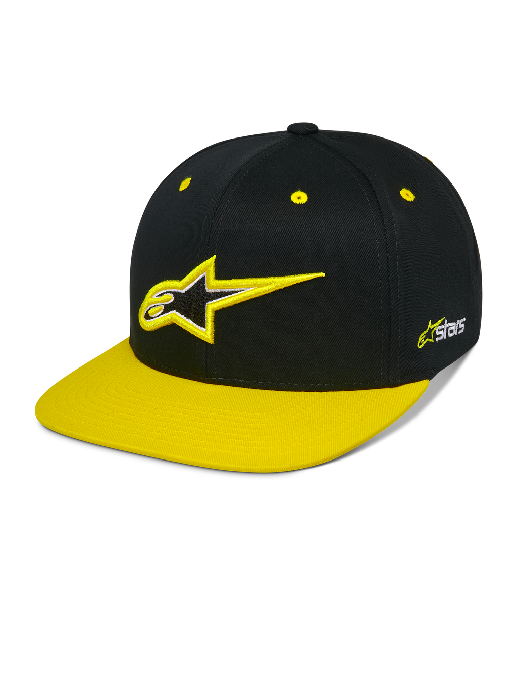 Alpinestars Thickness Snapback kasket, sort og neongul snapback-cap, struktureret krone med 3D-broderet Astars-logo, flad gul skygge, gule øjer, casual motorsport-hovedbeklædning