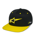 Alpinestars Thickness Snapback kasket, sort og neongul snapback-cap, struktureret krone med 3D-broderet Astars-logo, flad gul skygge, gule øjer, casual motorsport-hovedbeklædning
