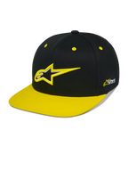 Alpinestars Thickness Snapback kasket, sort og neongul snapback-cap, struktureret krone med 3D-broderet Astars-logo, flad gul skygge, gule øjer, casual motorsport-hovedbeklædning