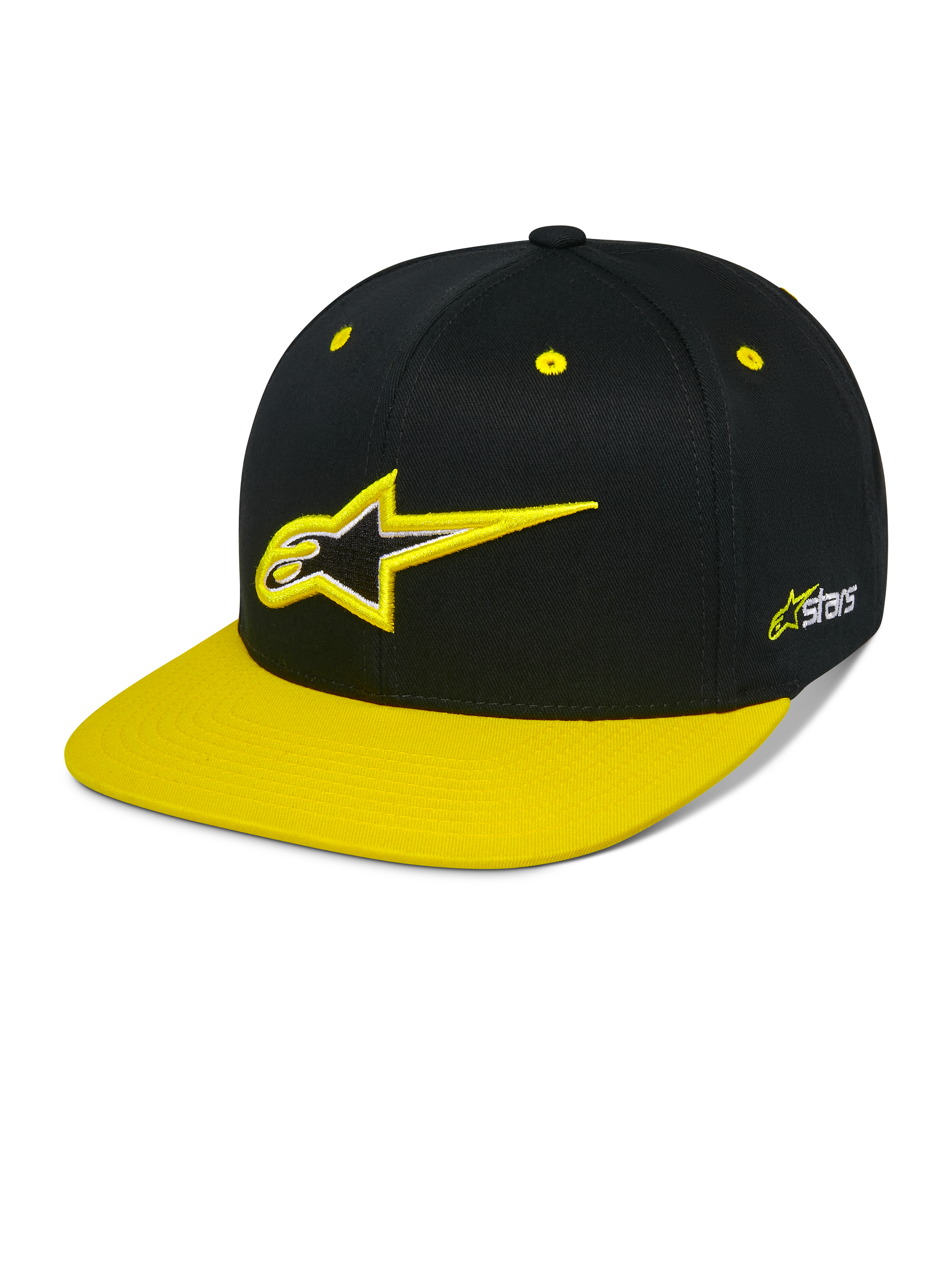 Alpinestars Thickness Snapback kasket, sort og neongul snapback-cap, struktureret krone med 3D-broderet Astars-logo, flad gul skygge, gule øjer, casual motorsport-hovedbeklædning