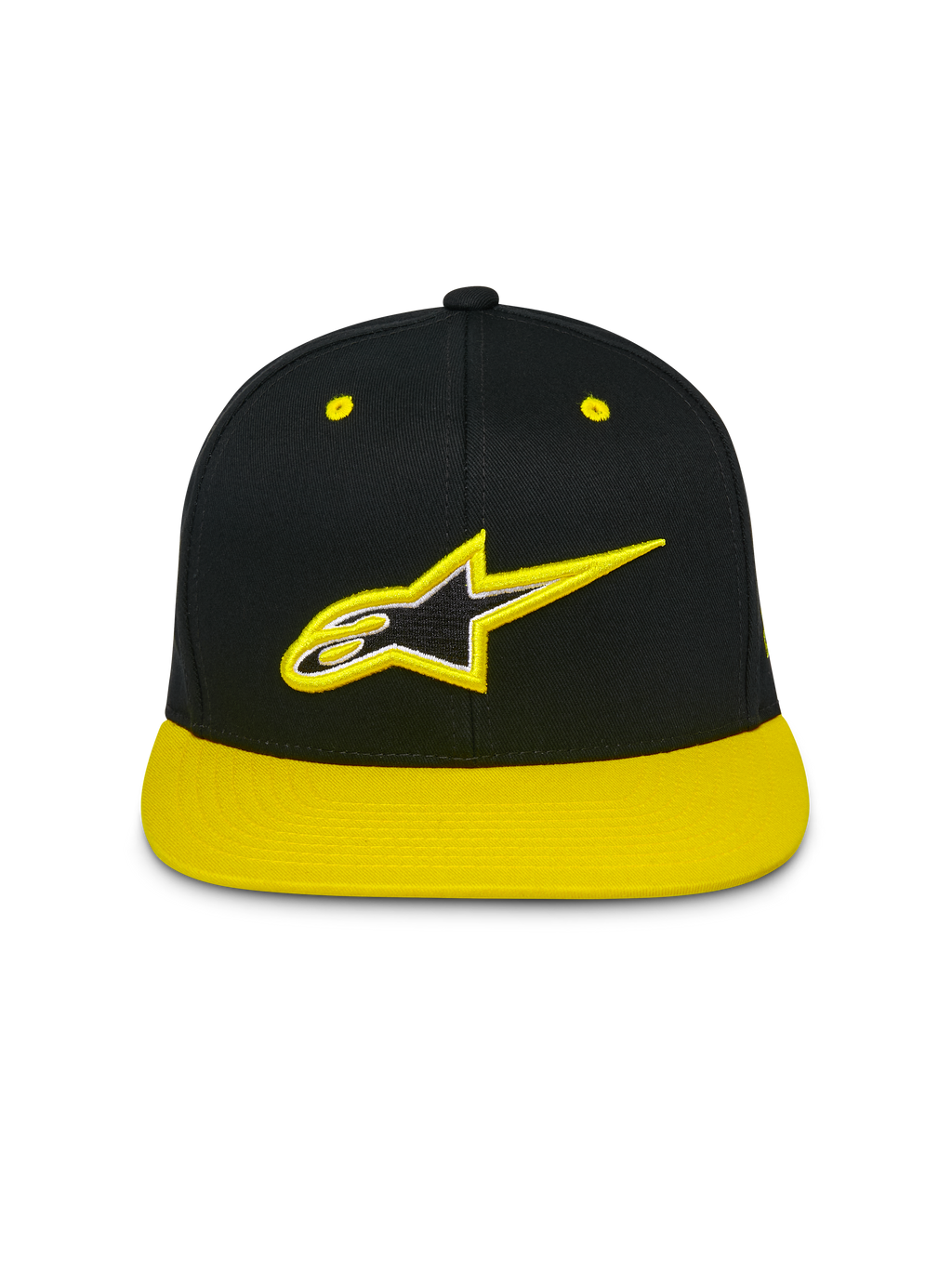 Alpinestars Thickness Snapback kasket, kasket med flad skygge og struktureret krone, sort med high-vis gul skygge og lufthuller, 3D-broderet Astars-logo på fronten, afslappet motorsport streetwear