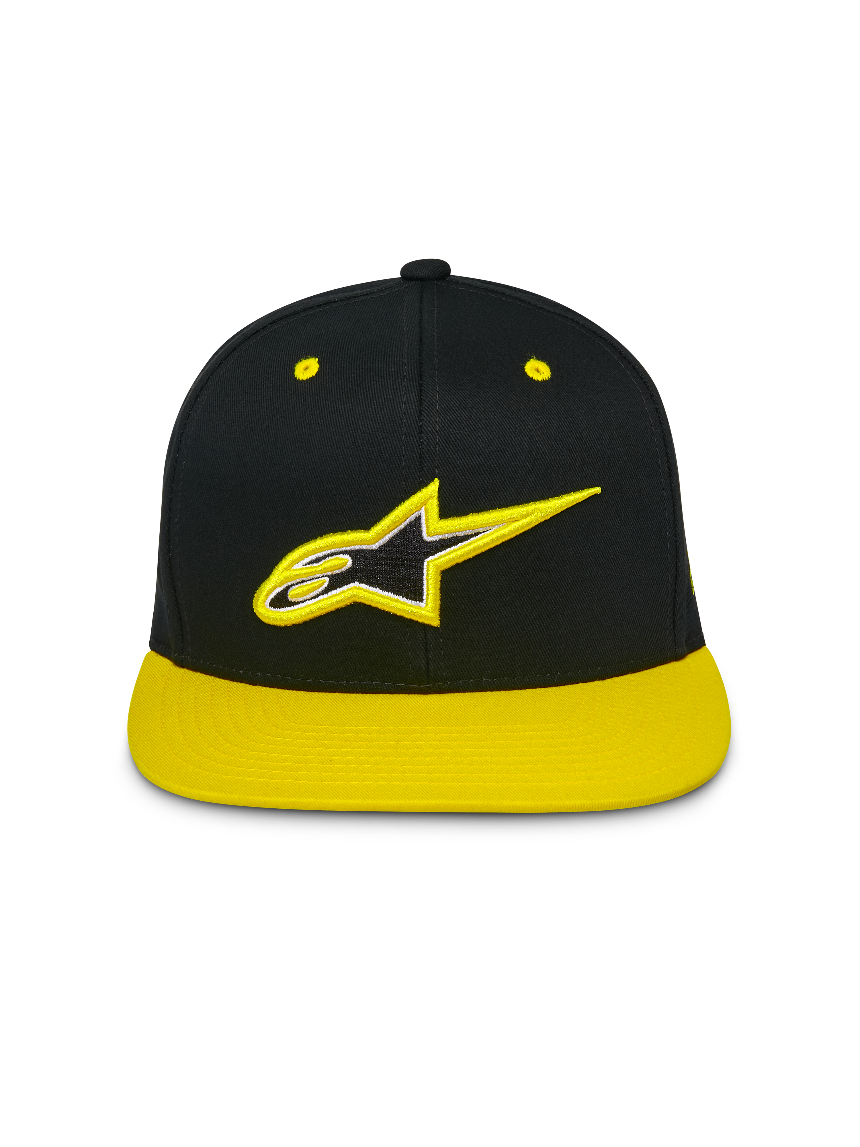 Alpinestars Thickness Snapback kasket, kasket med flad skygge og struktureret krone, sort med high-vis gul skygge og lufthuller, 3D-broderet Astars-logo på fronten, afslappet motorsport streetwear