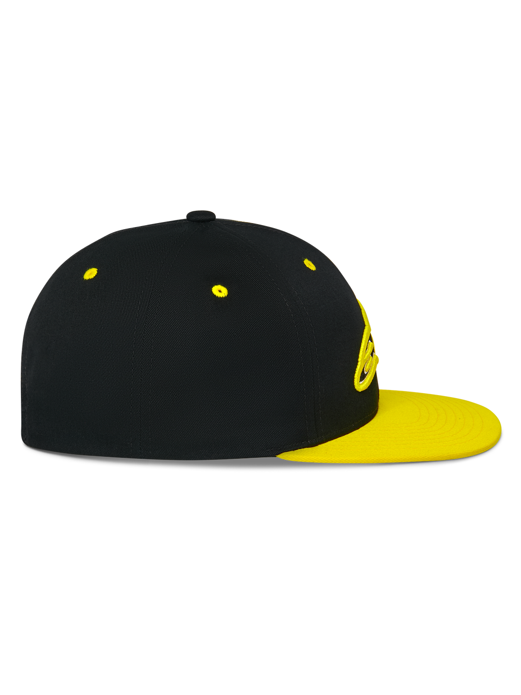 Alpinestars Thickness Snapback kasket, profilvisning fra siden, sort krone med Hi-Vis gul flad skygge og lufthuller, 3D-broderet logo på forsiden, afslappet motorsport-inspireret hovedbeklædning