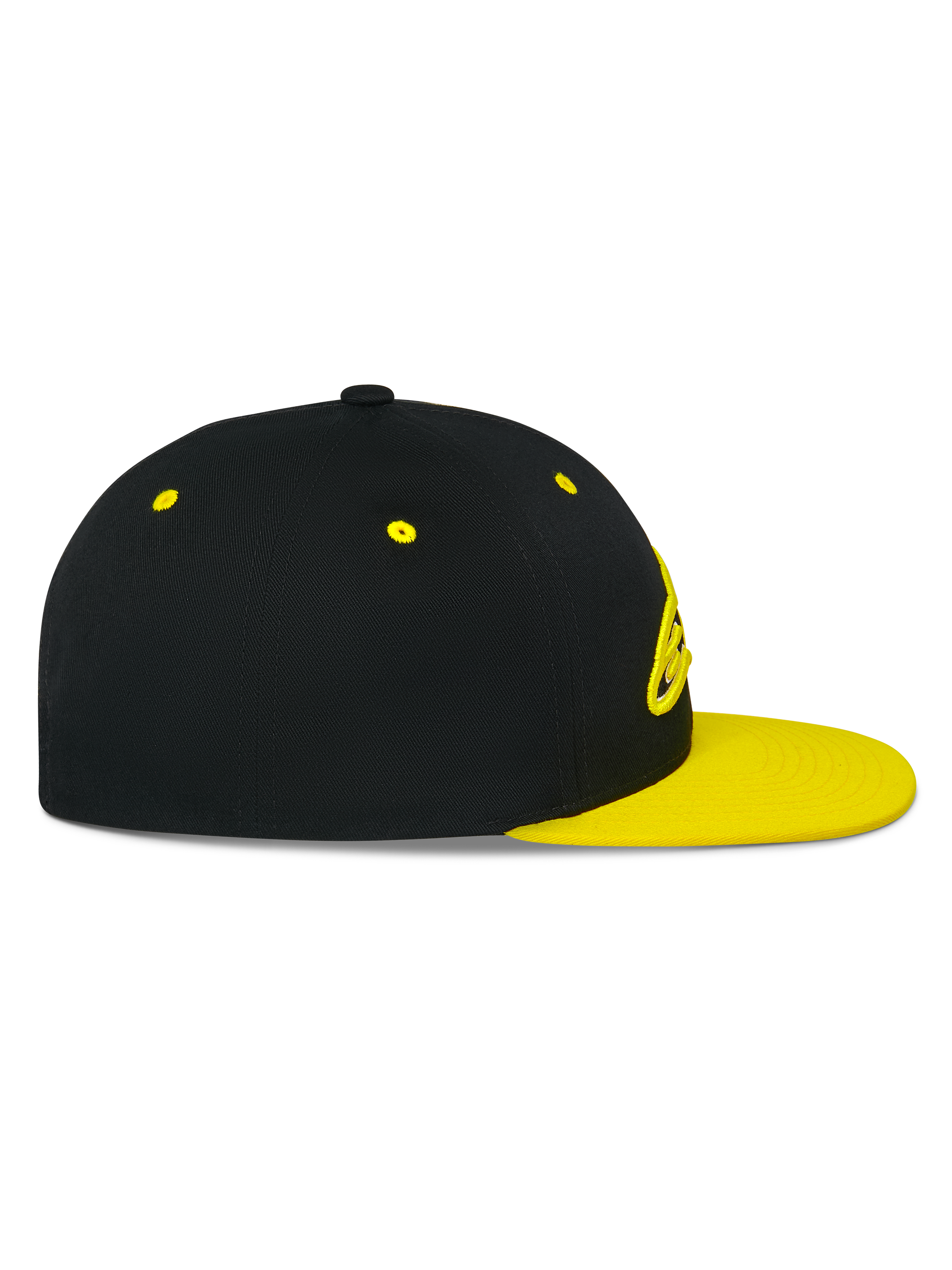 Alpinestars Thickness Snapback kasket, profilvisning fra siden, sort krone med Hi-Vis gul flad skygge og lufthuller, 3D-broderet logo på forsiden, afslappet motorsport-inspireret hovedbeklædning