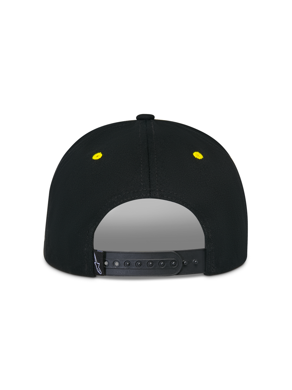 Alpinestars Thickness Snapback-kasket, sort og hi-vis gul, set bagfra med justerbar snapback-lukning, gule broderede lufthuller, struktureret krone, afslappet motorsport-hovedbeklædning