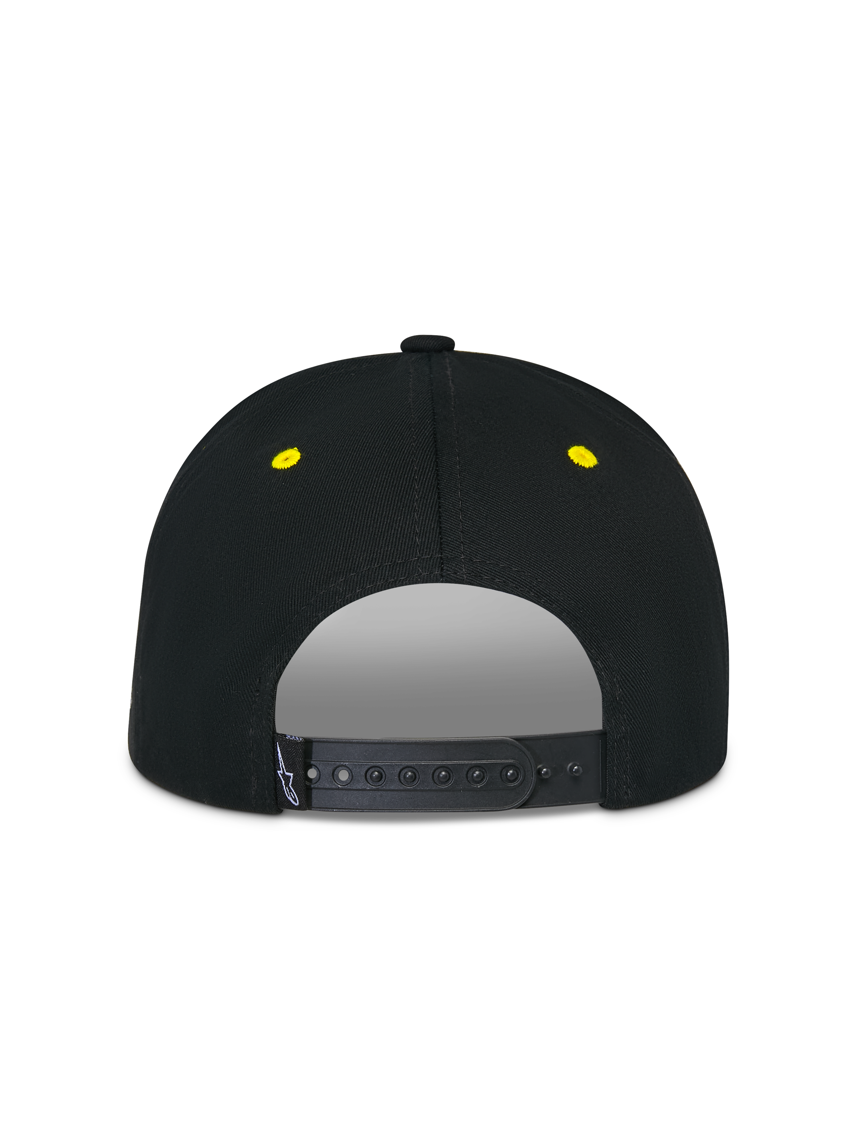 Alpinestars Thickness Snapback-kasket, sort og hi-vis gul, set bagfra med justerbar snapback-lukning, gule broderede lufthuller, struktureret krone, afslappet motorsport-hovedbeklædning