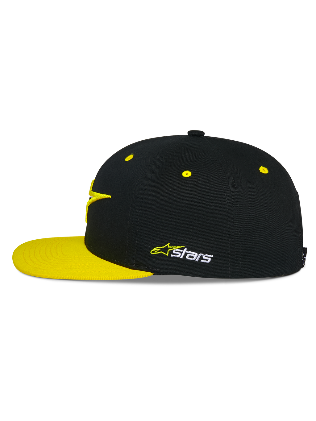 Alpinestars Thickness Snapback kasket, sort og Hi-Vis gul, sideprofil, struktureret krone med gule lufthuller og flad gul skygge, broderet Astars-logo på siden, afslappet motorsport-hovedbeklædning